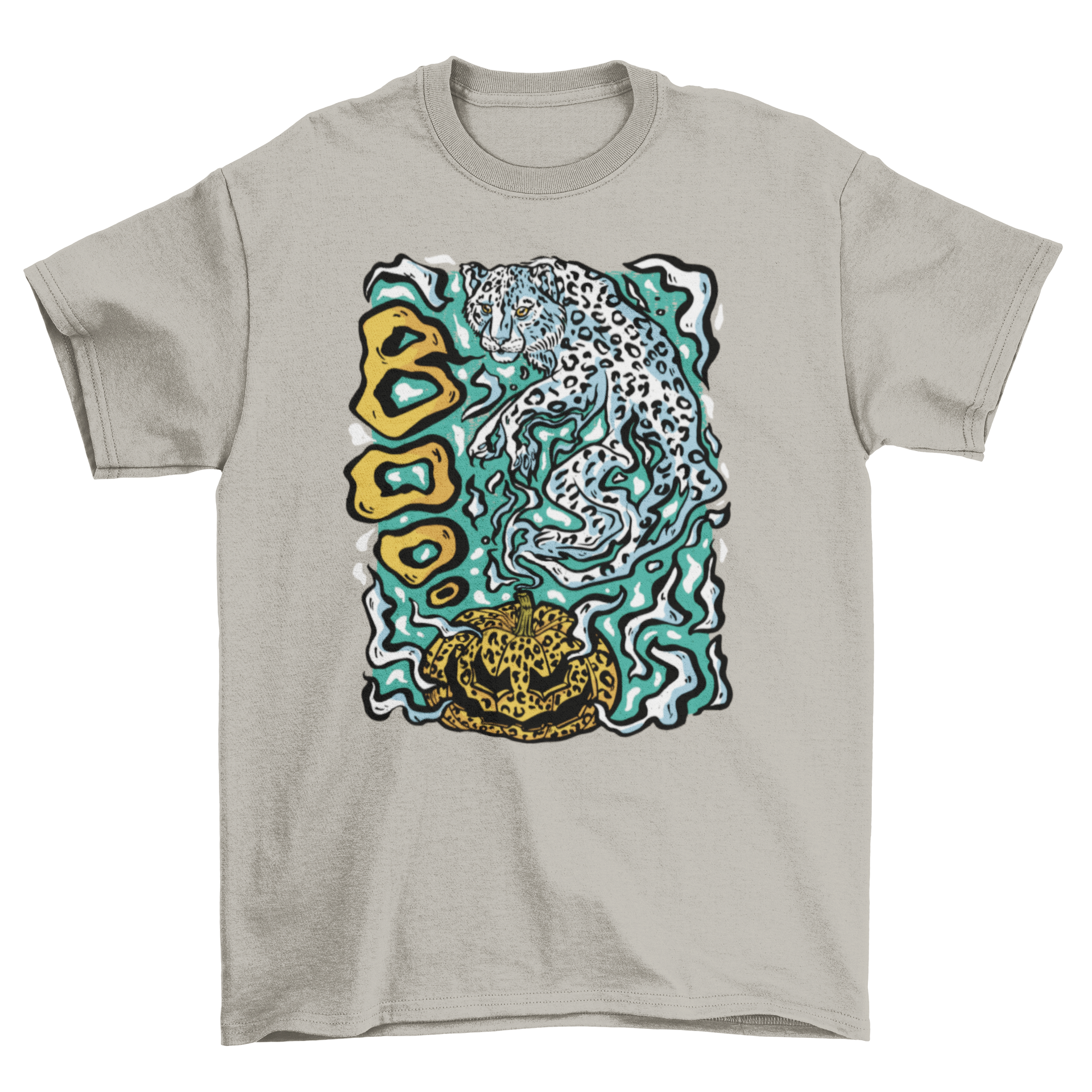 Halloween leopard ghost t-shirt featuring a jack o' lantern and a playful ghost leopard design.