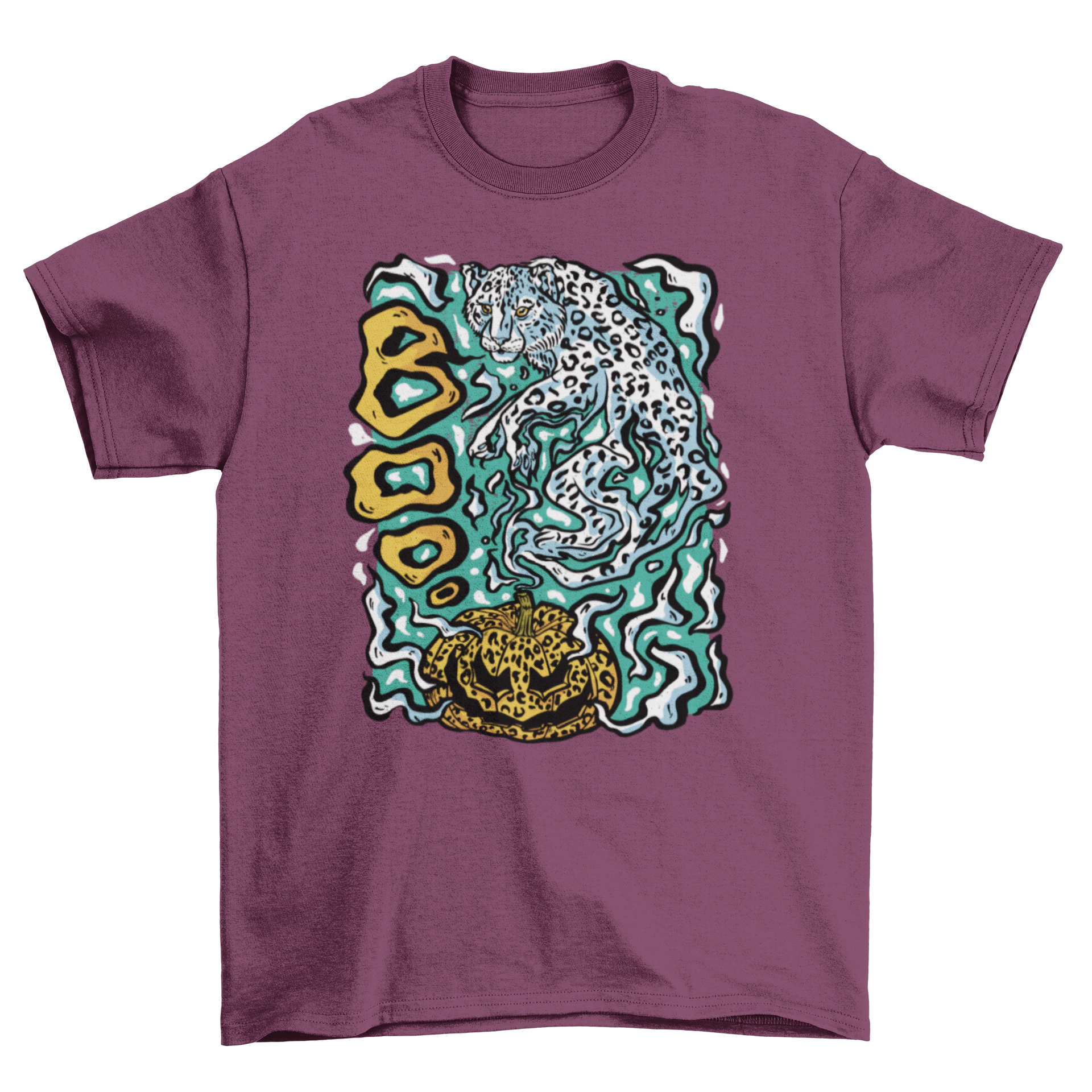 Halloween leopard ghost t-shirt featuring a jack o' lantern and a playful ghost leopard design.