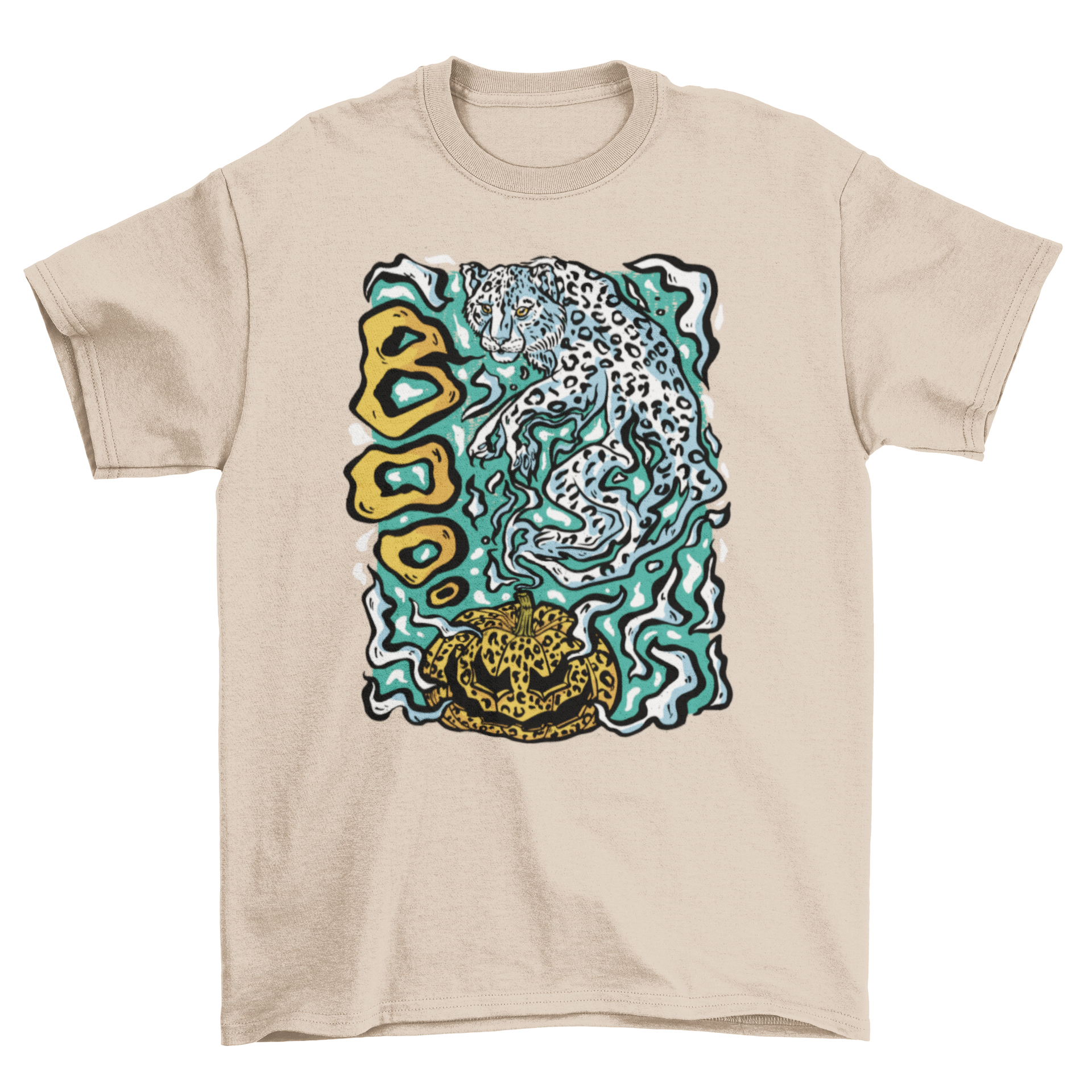 Halloween leopard ghost t-shirt featuring a jack o' lantern and a playful ghost leopard design.