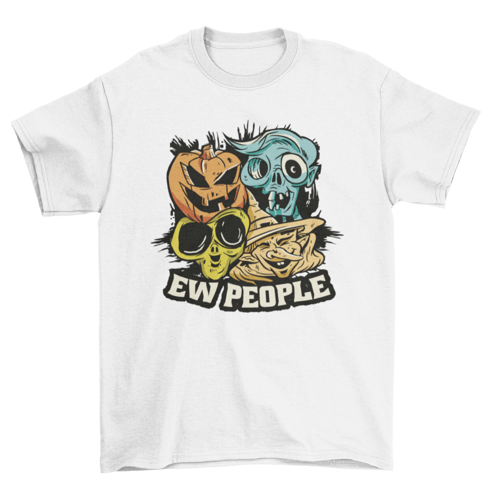 Halloween monster faces t-shirt featuring a witch, alien, jack o' lantern, and zombie with the quote 'Ew people'.