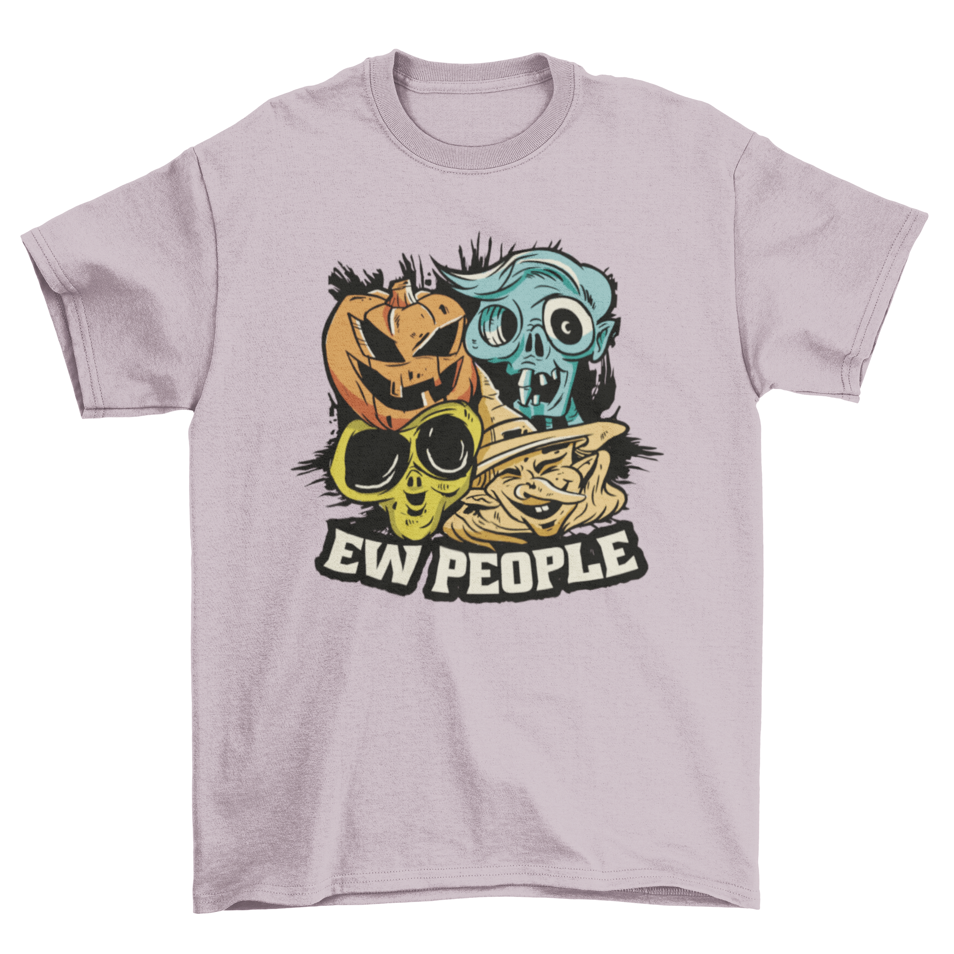 Halloween monster faces t-shirt featuring a witch, alien, jack o' lantern, and zombie with the quote 'Ew people'.