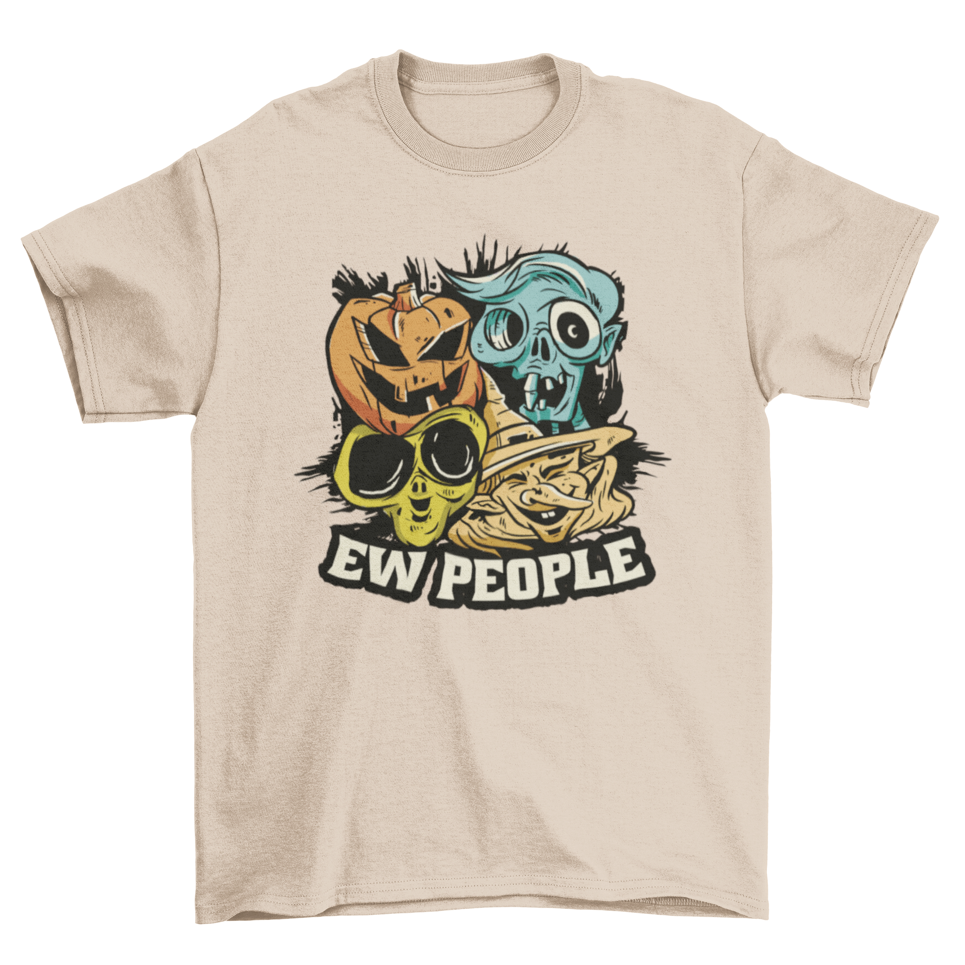 Halloween monster faces t-shirt featuring a witch, alien, jack o' lantern, and zombie with the quote 'Ew people'.