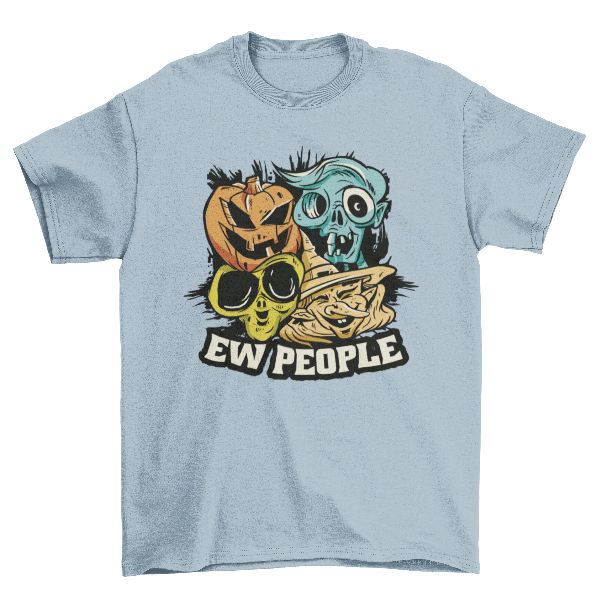 Halloween monster faces t-shirt featuring a witch, alien, jack o' lantern, and zombie with the quote 'Ew people'.