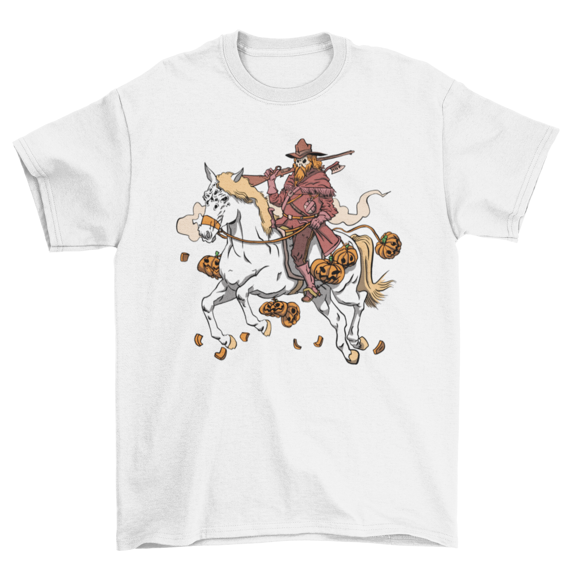 Halloween t-shirt featuring a hunter riding a horse with pumpkins.