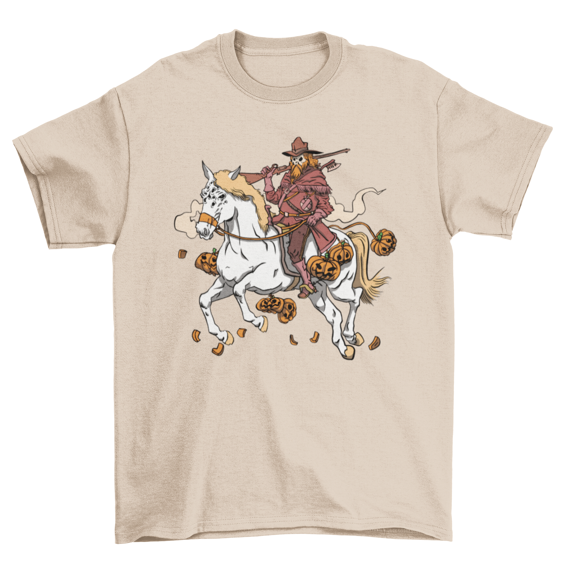 Halloween t-shirt featuring a hunter riding a horse with pumpkins.