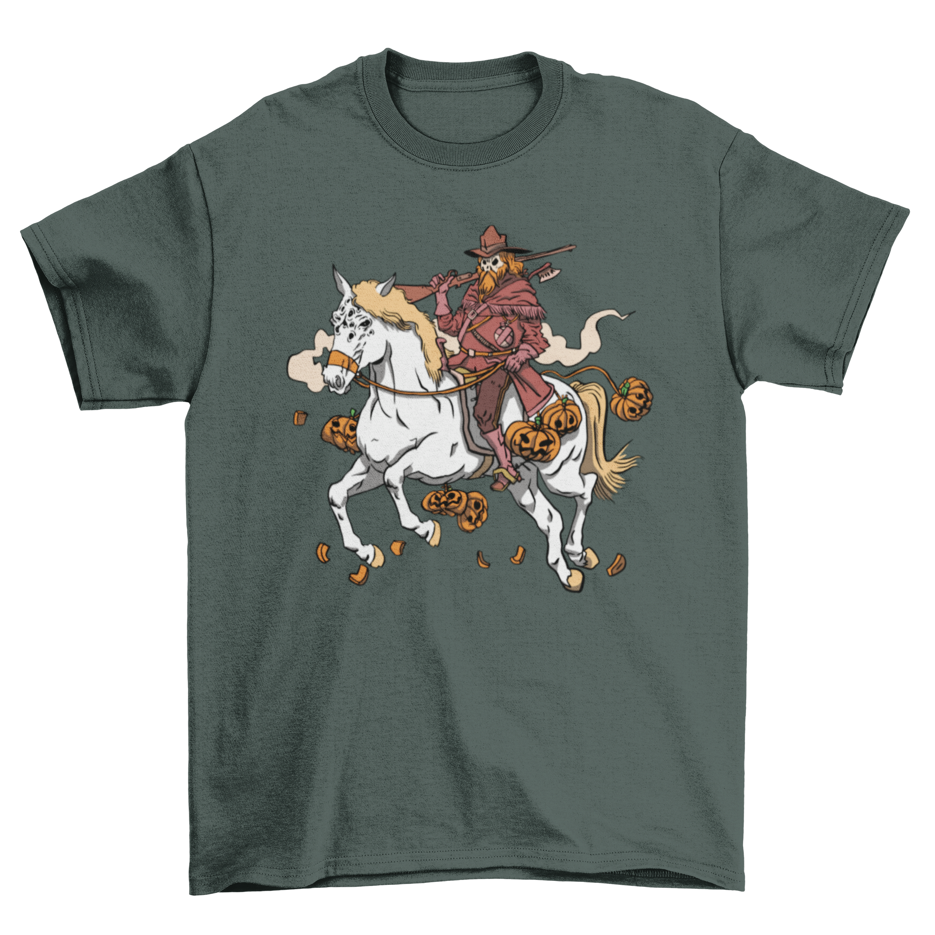 Halloween t-shirt featuring a hunter riding a horse with pumpkins.