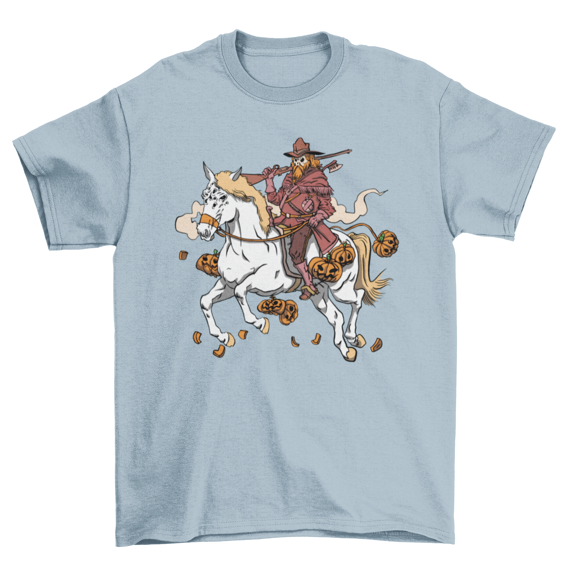 Halloween t-shirt featuring a hunter riding a horse with pumpkins.