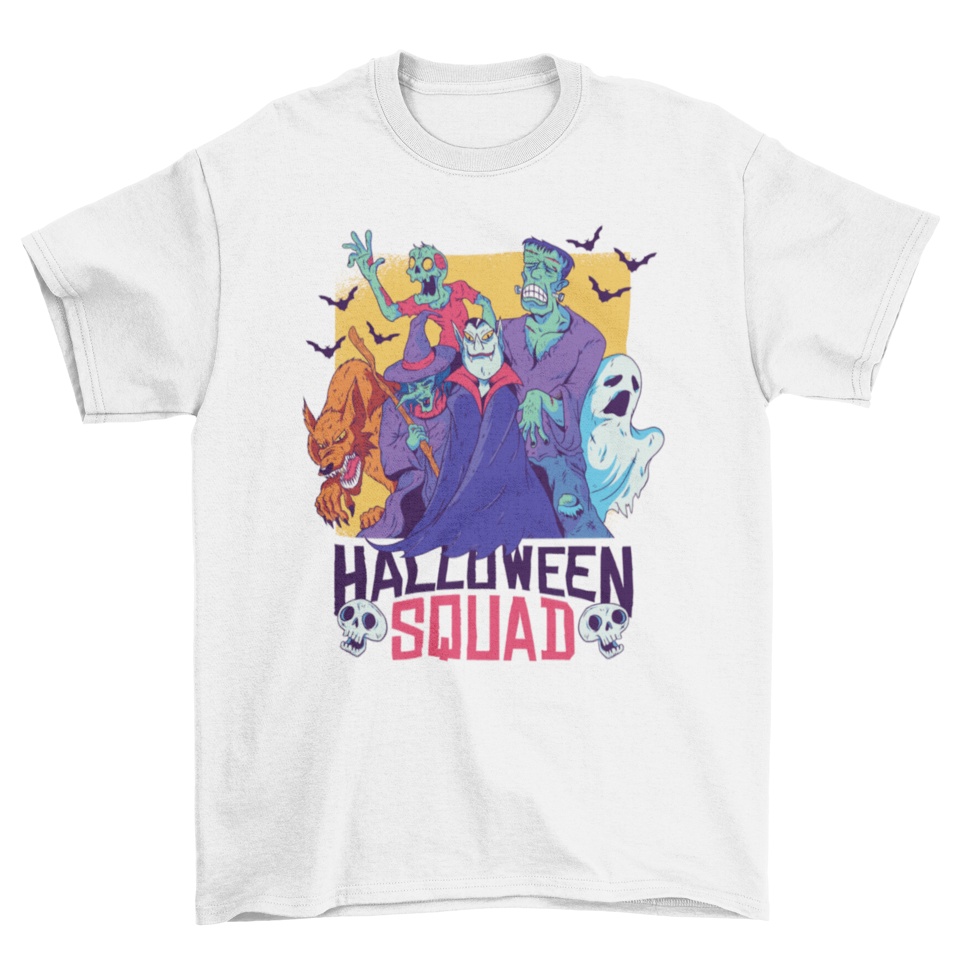 Halloween Squad T-shirt featuring vampire, werewolf, Frankenstein, ghost, witch, and zombie characters in vibrant colors.