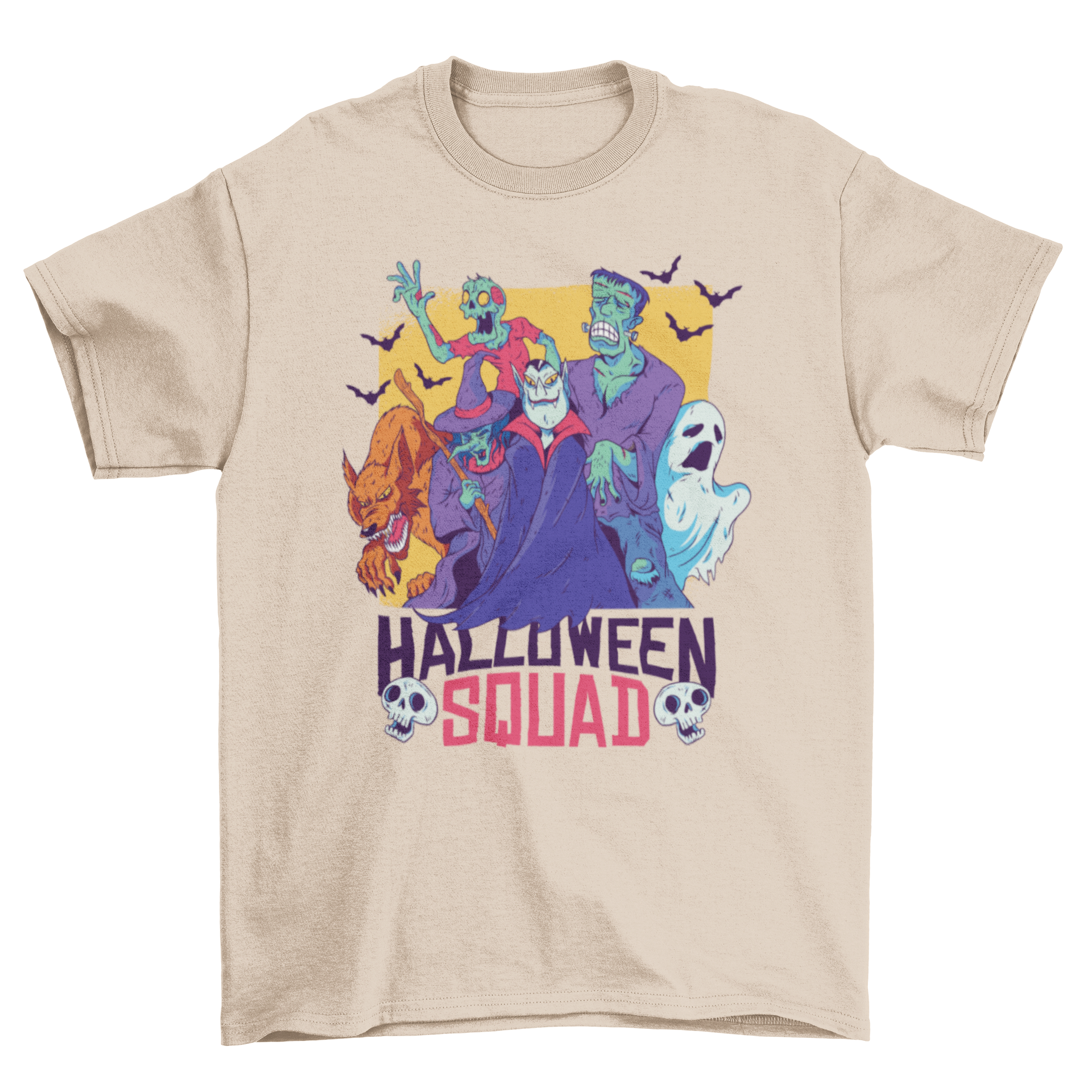 Halloween Squad T-shirt featuring vampire, werewolf, Frankenstein, ghost, witch, and zombie characters in vibrant colors.