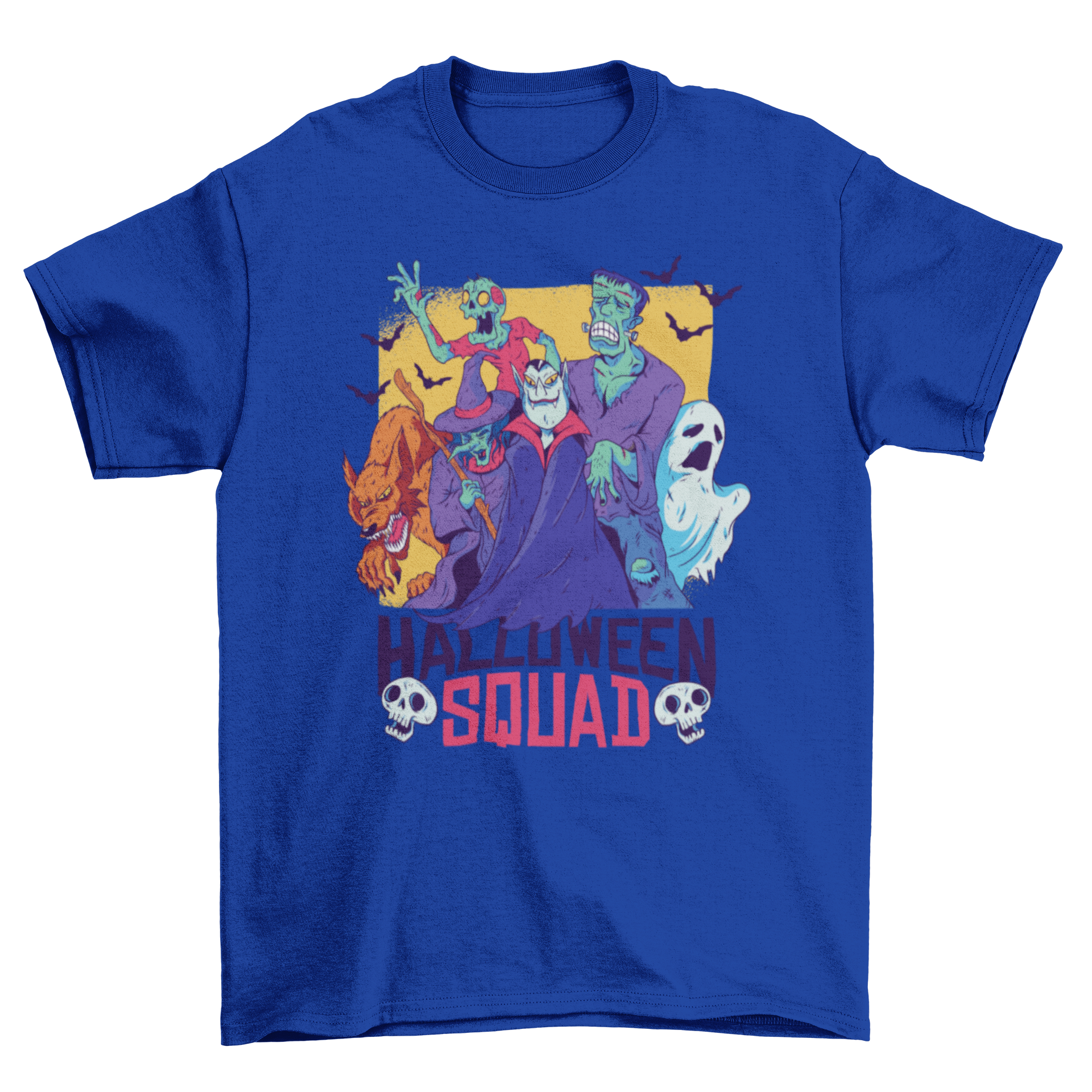 Halloween Squad T-shirt featuring vampire, werewolf, Frankenstein, ghost, witch, and zombie characters in vibrant colors.