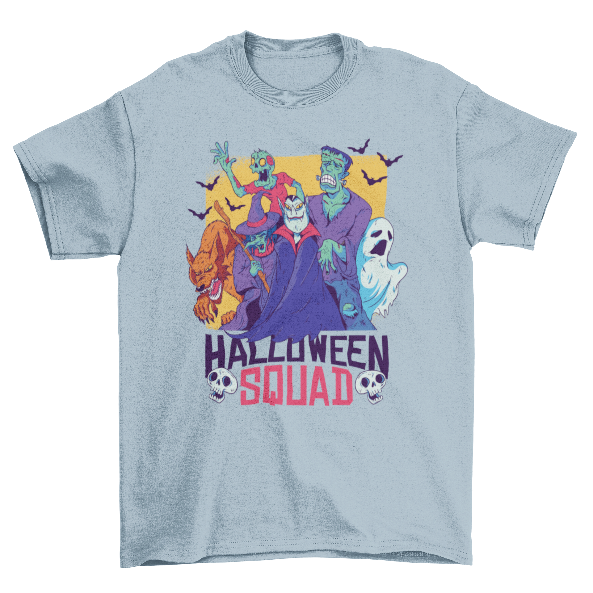 Halloween Squad T-shirt featuring vampire, werewolf, Frankenstein, ghost, witch, and zombie characters in vibrant colors.