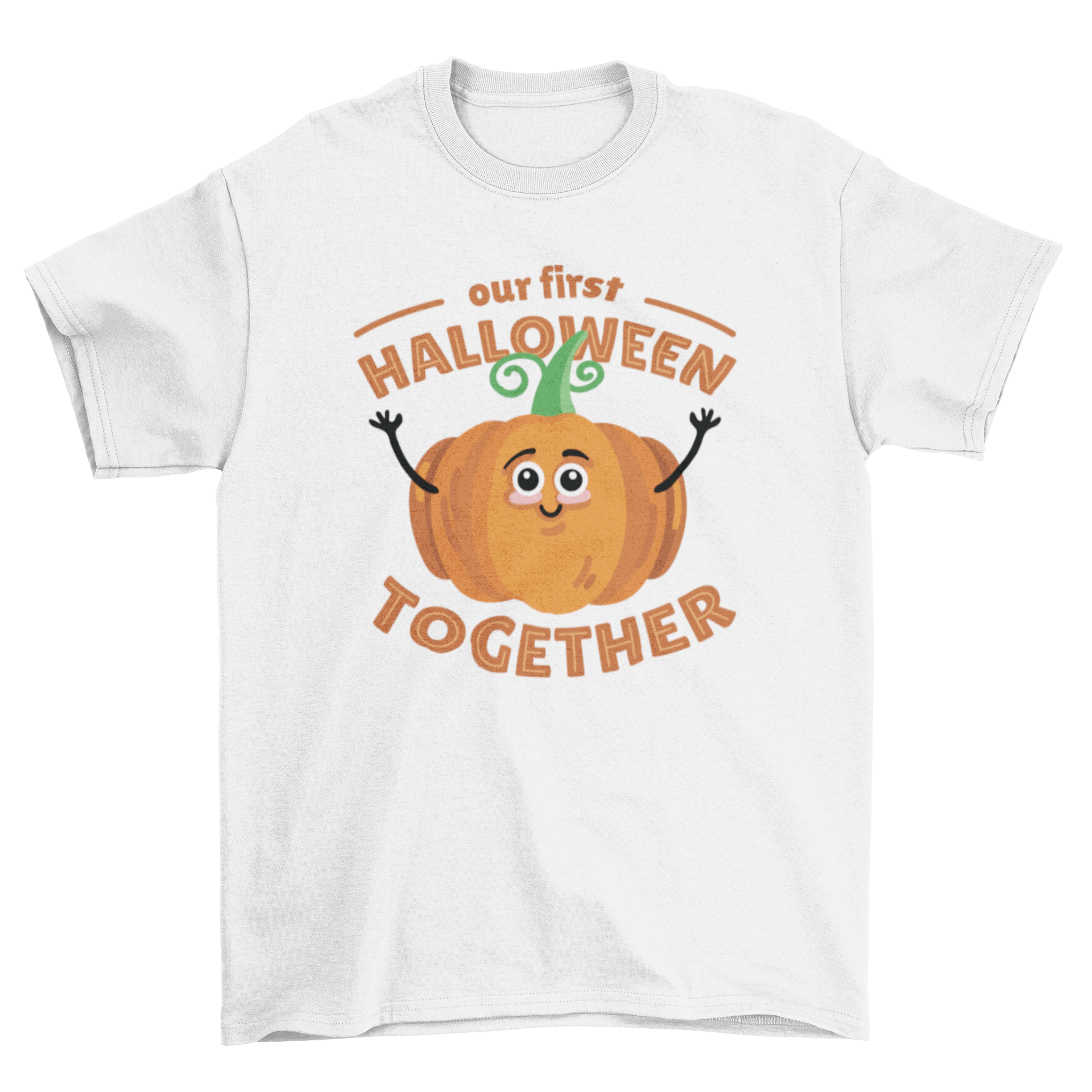 Cute Halloween t-shirt featuring a pumpkin illustration and the quote 'Our first Halloween together'.