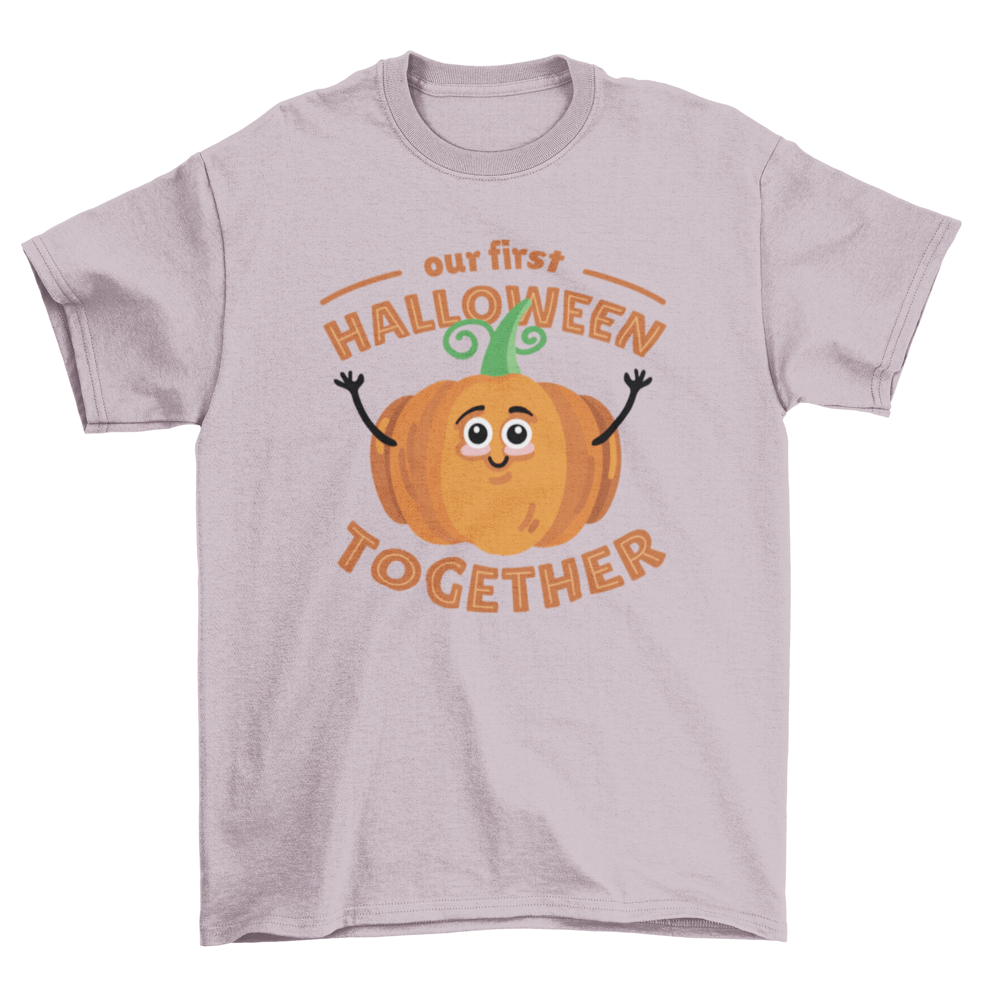 Cute Halloween t-shirt featuring a pumpkin illustration and the quote 'Our first Halloween together'.