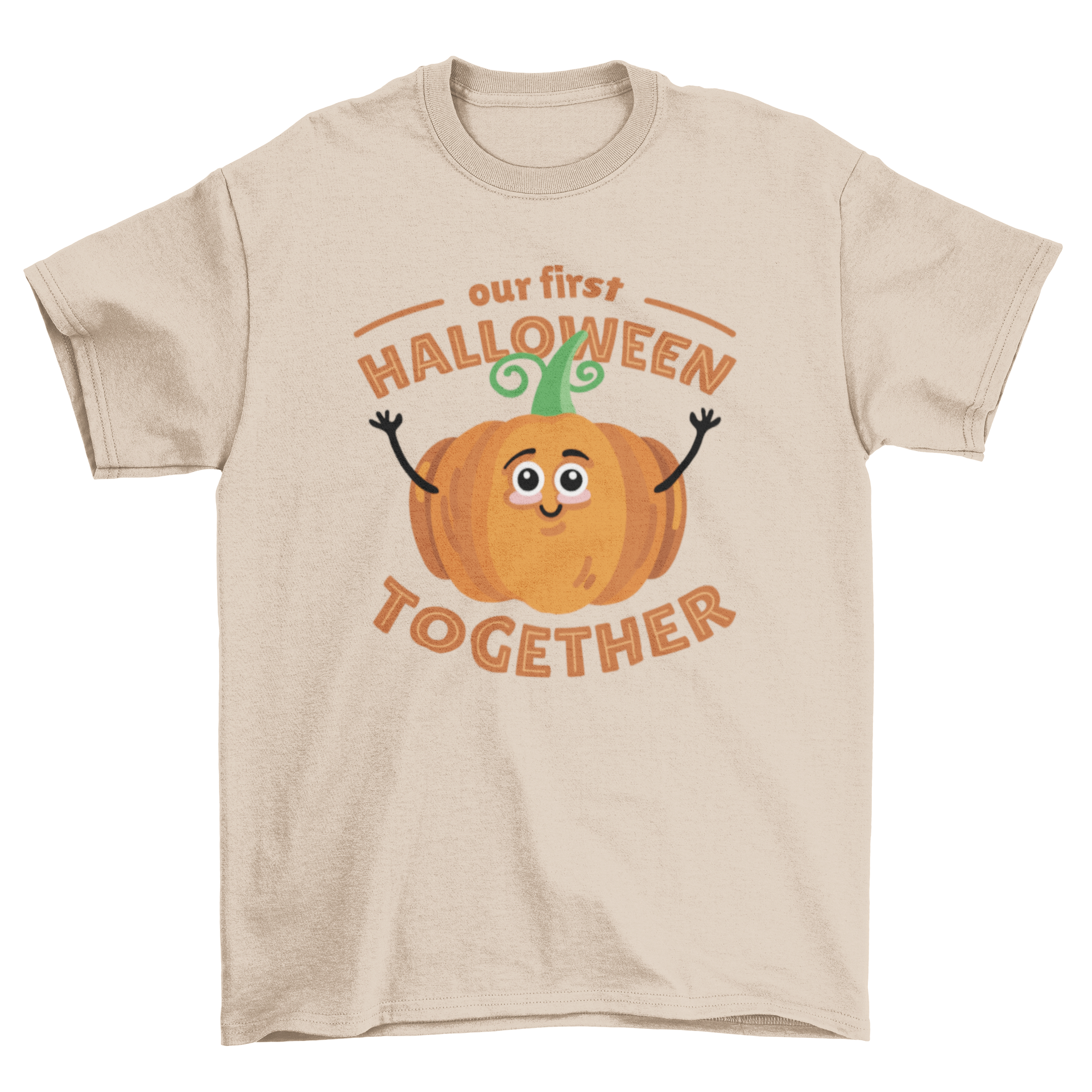 Cute Halloween t-shirt featuring a pumpkin illustration and the quote 'Our first Halloween together'.