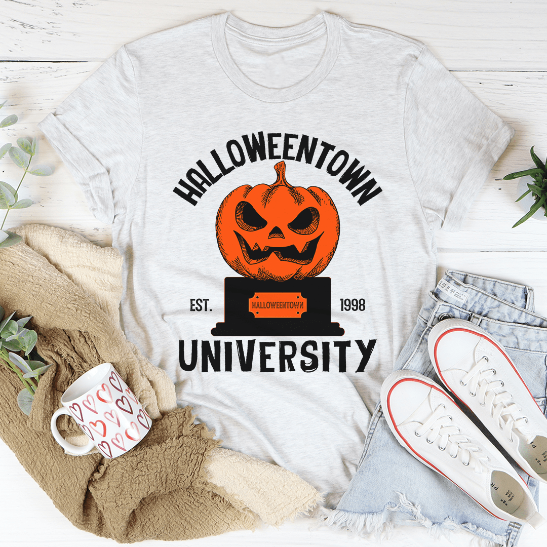 A cozy Halloween University T-Shirt made of soft ring-spun cotton, featuring double stitching for durability, perfect for Halloween celebrations.