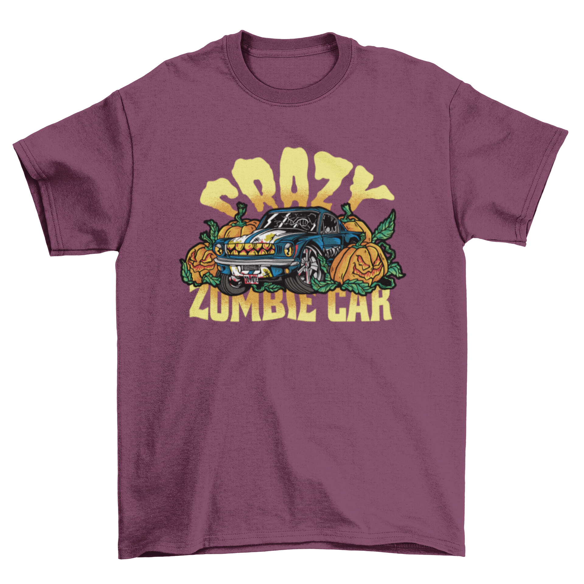 Halloween zombie car t-shirt featuring a spooky car design surrounded by jack o'lanterns and the quote 'Crazy zombie car'.