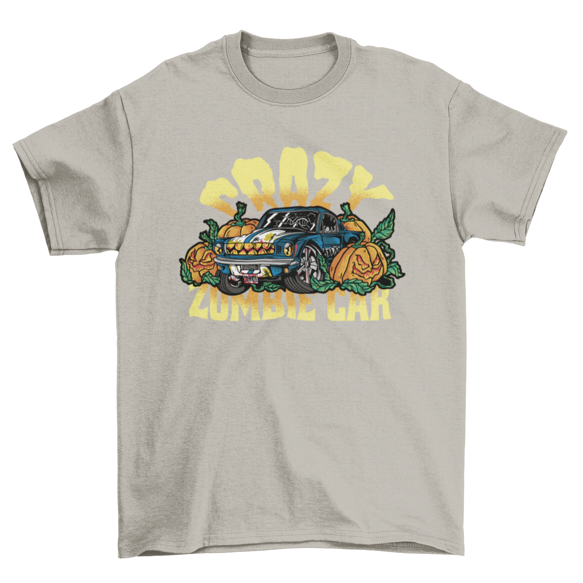 Halloween zombie car t-shirt featuring a spooky car design surrounded by jack o'lanterns and the quote 'Crazy zombie car'.