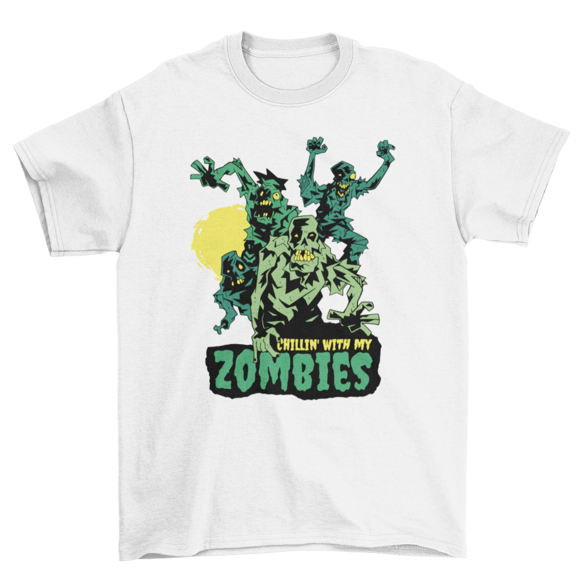 Halloween zombie monster t-shirt design featuring a group of zombies and the quote 'Chilling with my zombies'.