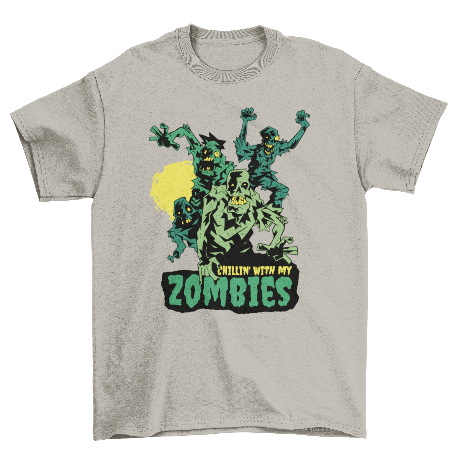 Halloween zombie monster t-shirt design featuring a group of zombies and the quote 'Chilling with my zombies'.