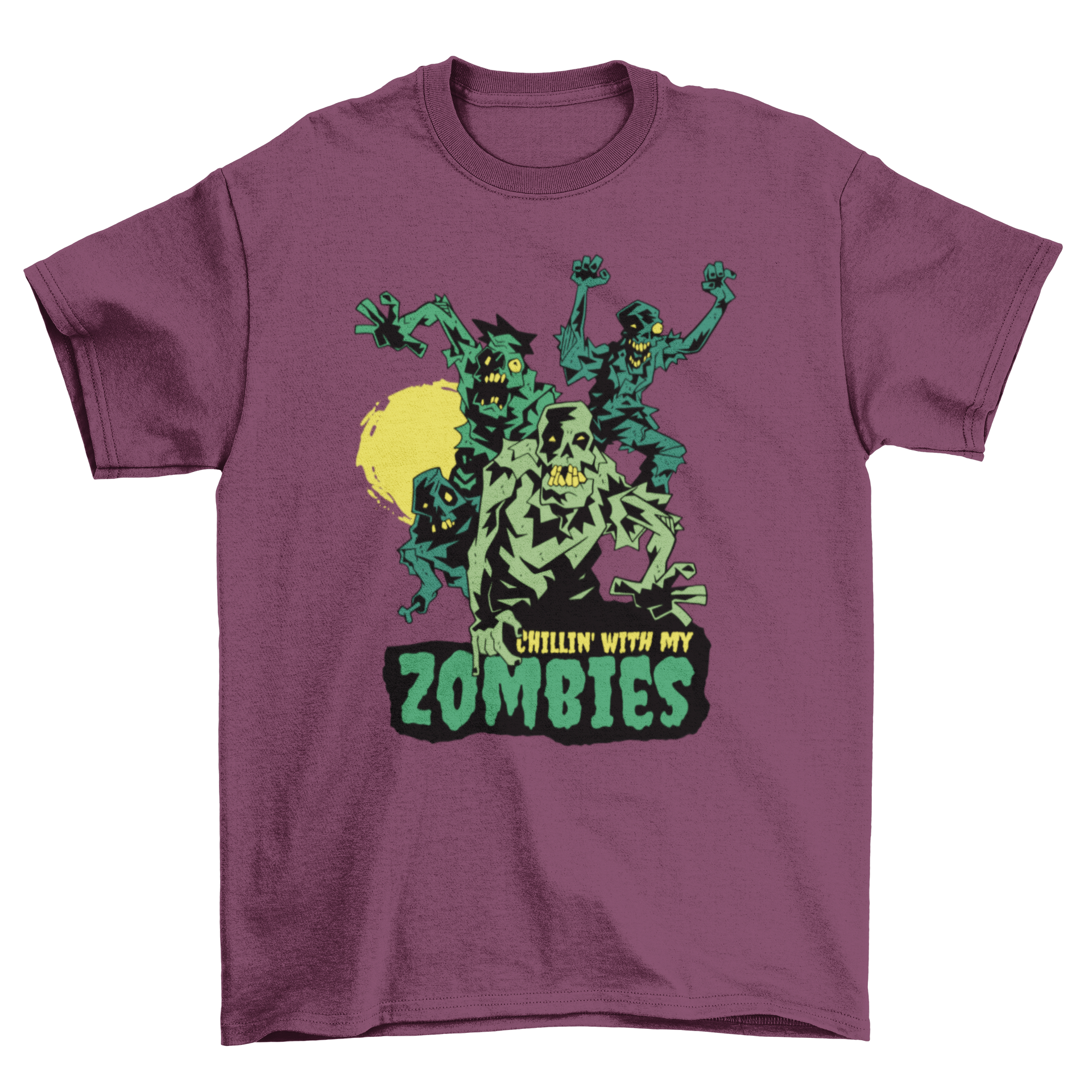 Halloween zombie monster t-shirt design featuring a group of zombies and the quote 'Chilling with my zombies'.