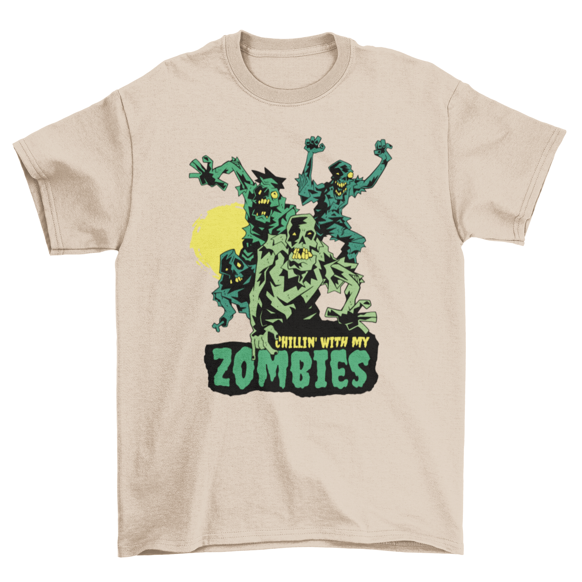 Halloween zombie monster t-shirt design featuring a group of zombies and the quote 'Chilling with my zombies'.