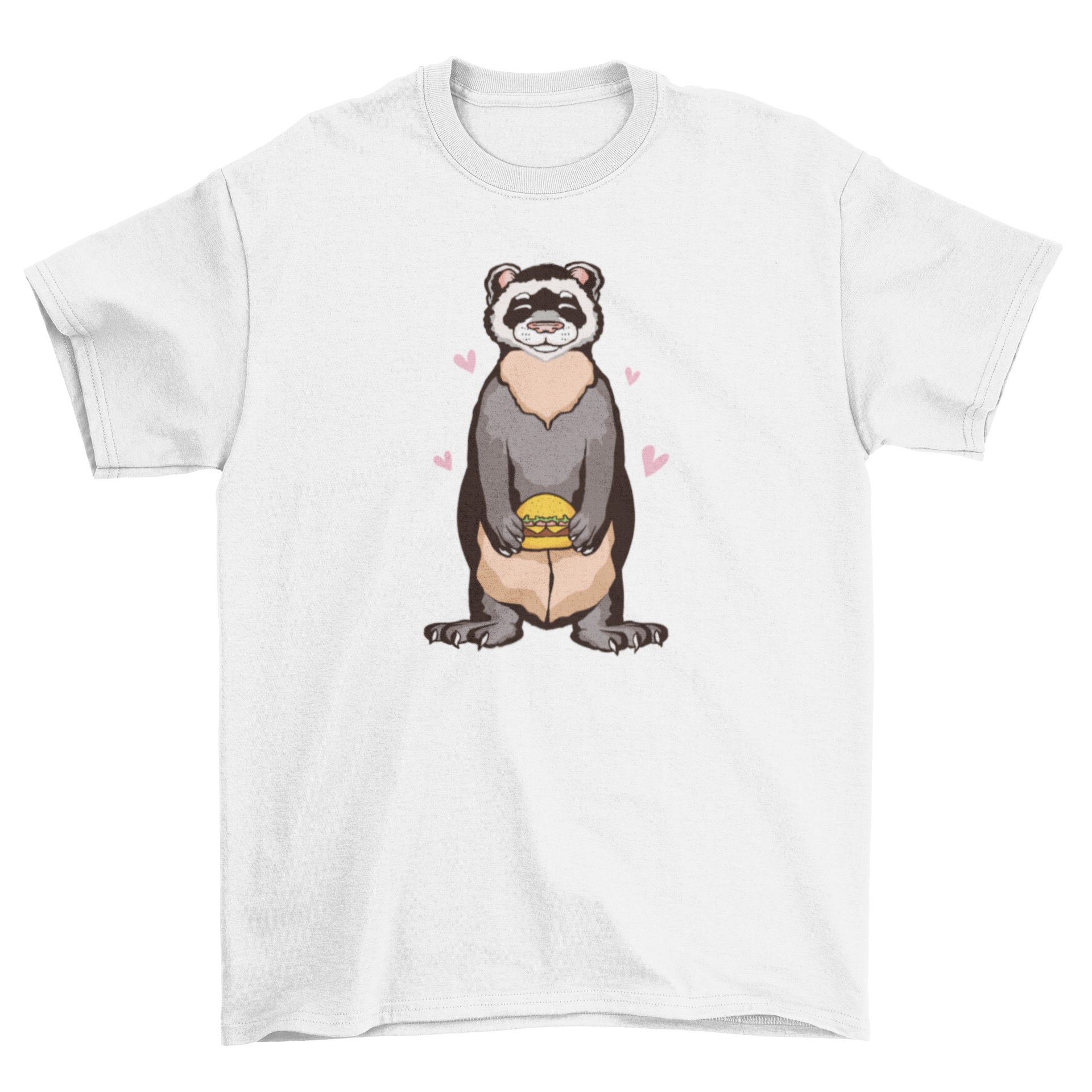 A playful t-shirt featuring a cute ferret holding a burger, showcasing a unique and fun design.