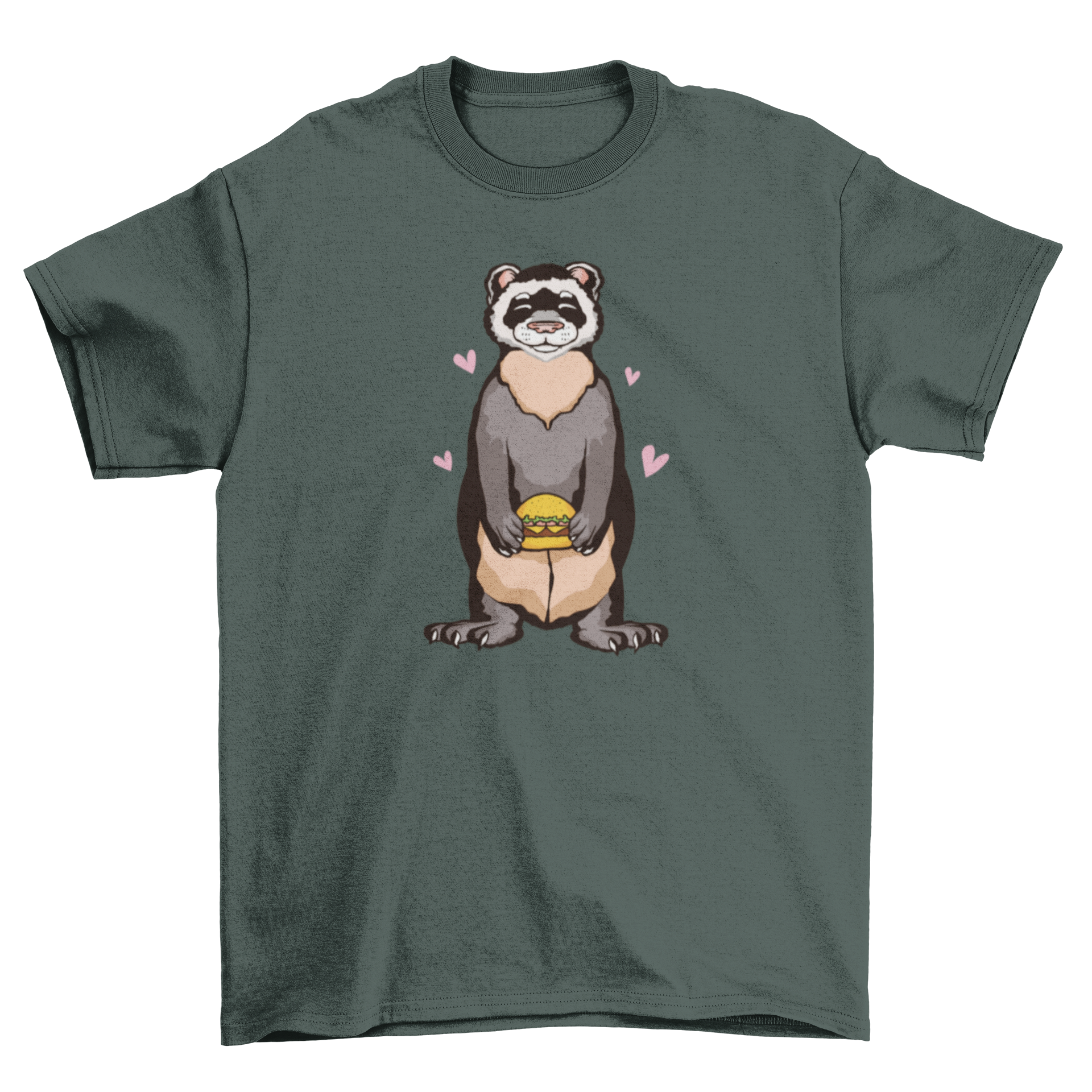 A playful t-shirt featuring a cute ferret holding a burger, showcasing a unique and fun design.