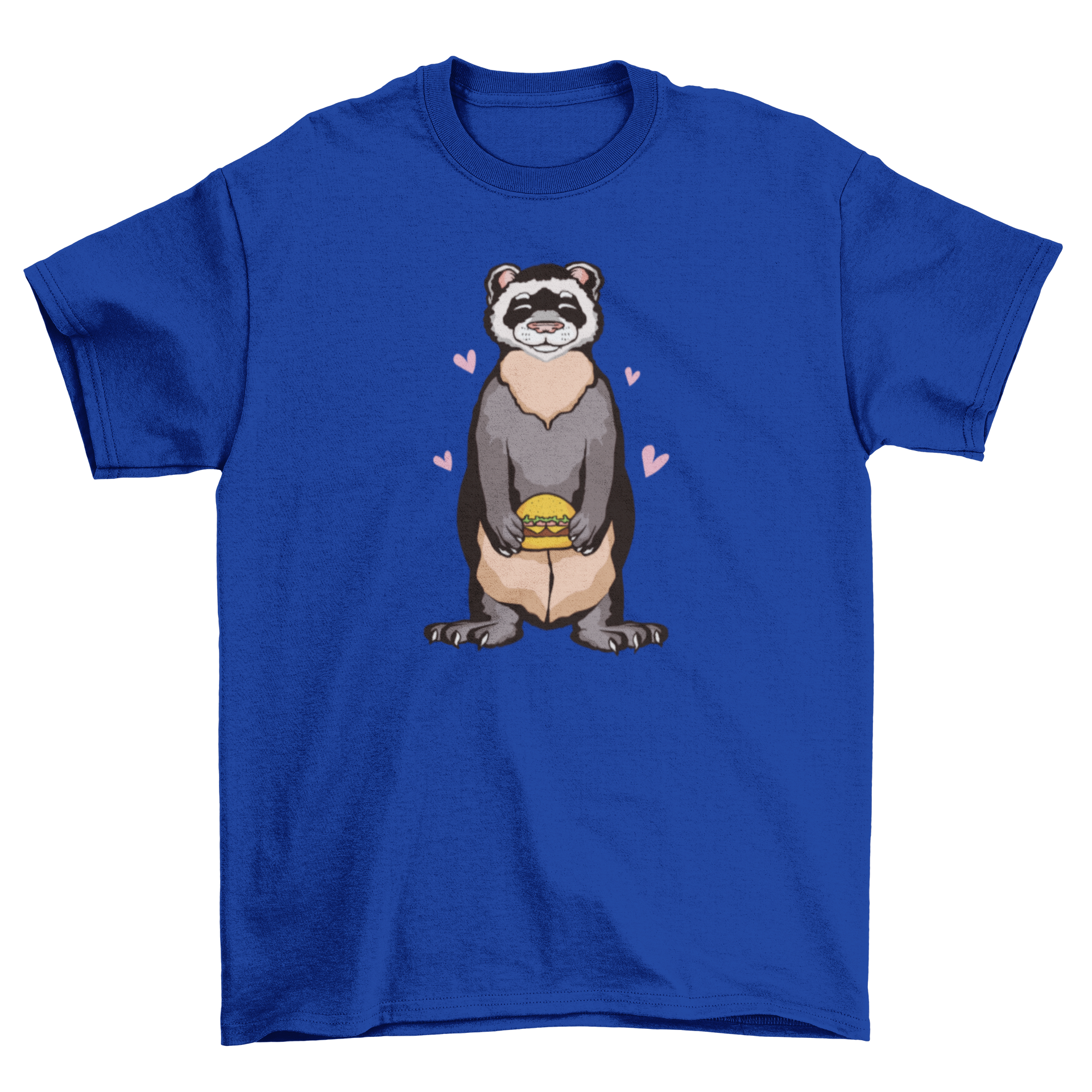 A playful t-shirt featuring a cute ferret holding a burger, showcasing a unique and fun design.