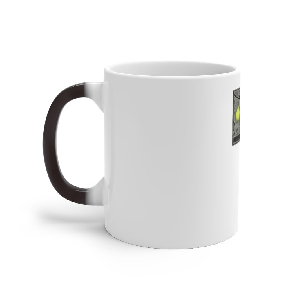 Hammer Color Changing Mug showcasing its unique color-changing feature with a white ceramic finish and C-handle design.