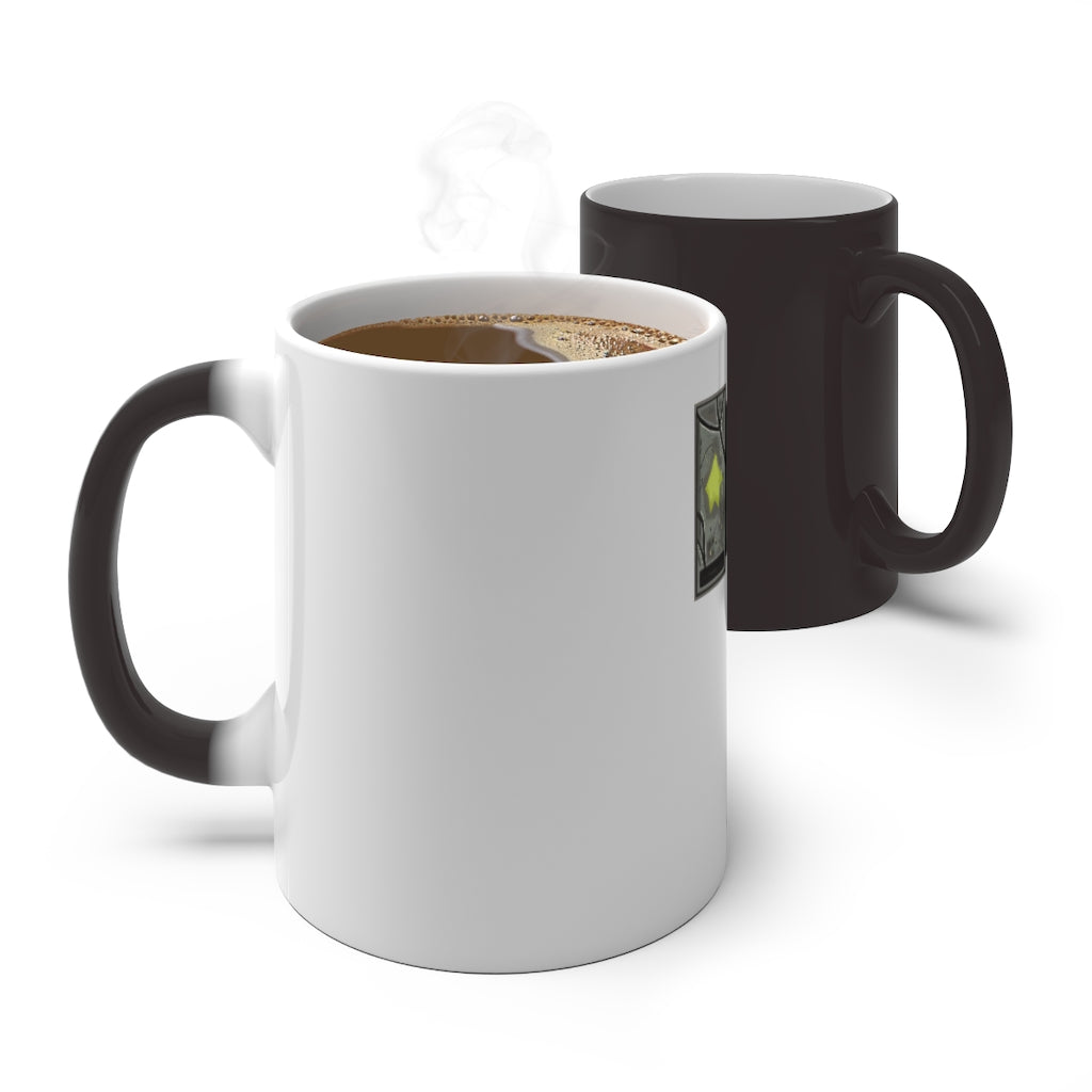 Hammer Color Changing Mug showcasing its unique color-changing feature with a white ceramic finish and C-handle design.