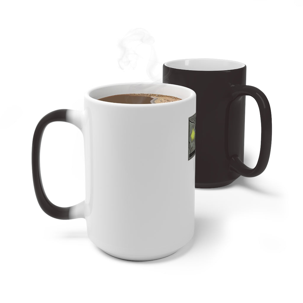 Hammer Color Changing Mug showcasing its unique color-changing feature with a white ceramic finish and C-handle design.