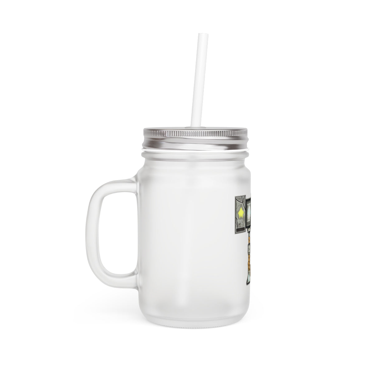 A stylish Hammer Mason Jar made of frosted glass, featuring a straw and lid, perfect for personalized drinks.