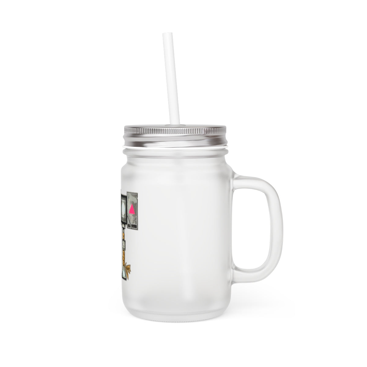 A stylish Hammer Mason Jar made of frosted glass, featuring a straw and lid, perfect for personalized drinks.