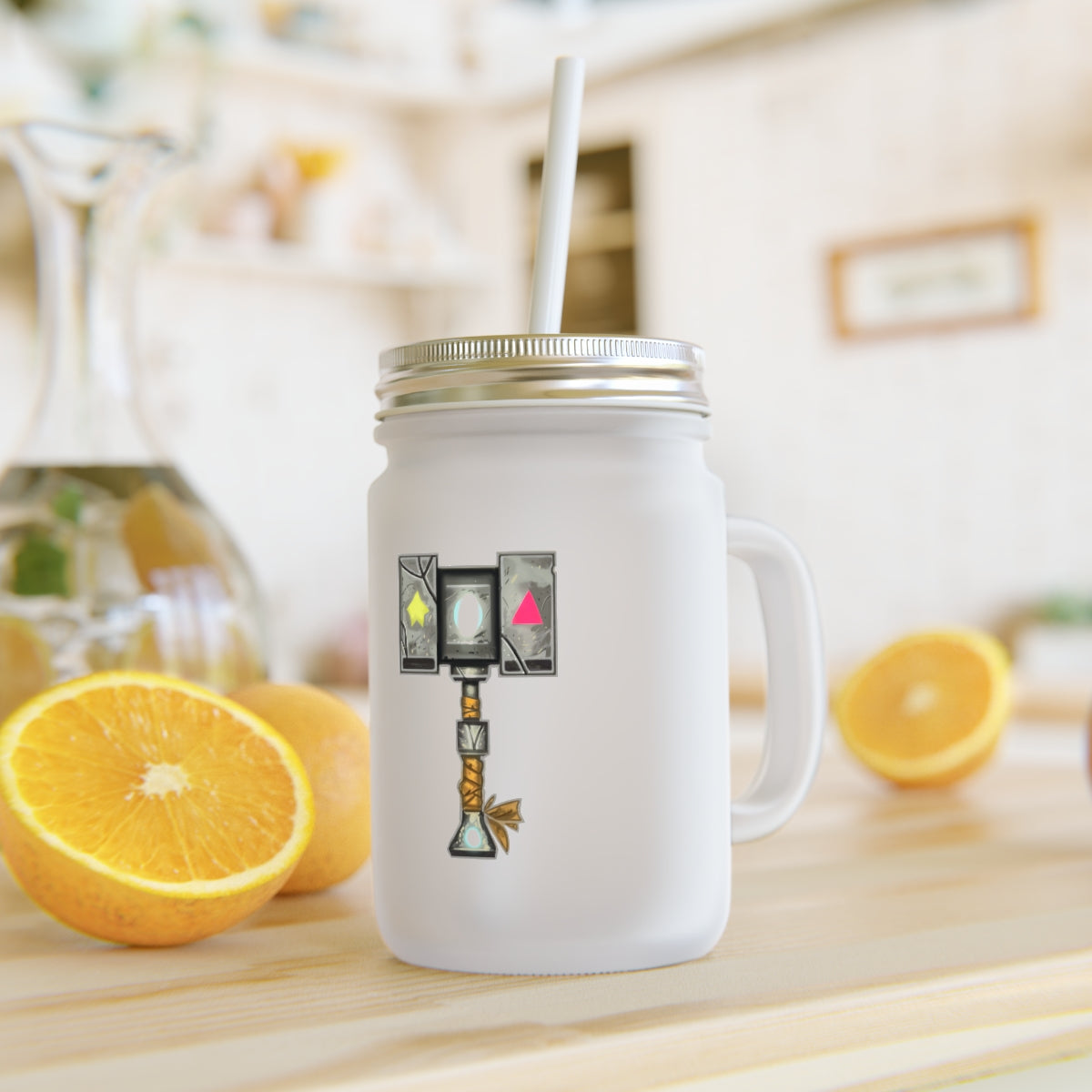 A stylish Hammer Mason Jar made of frosted glass, featuring a straw and lid, perfect for personalized drinks.