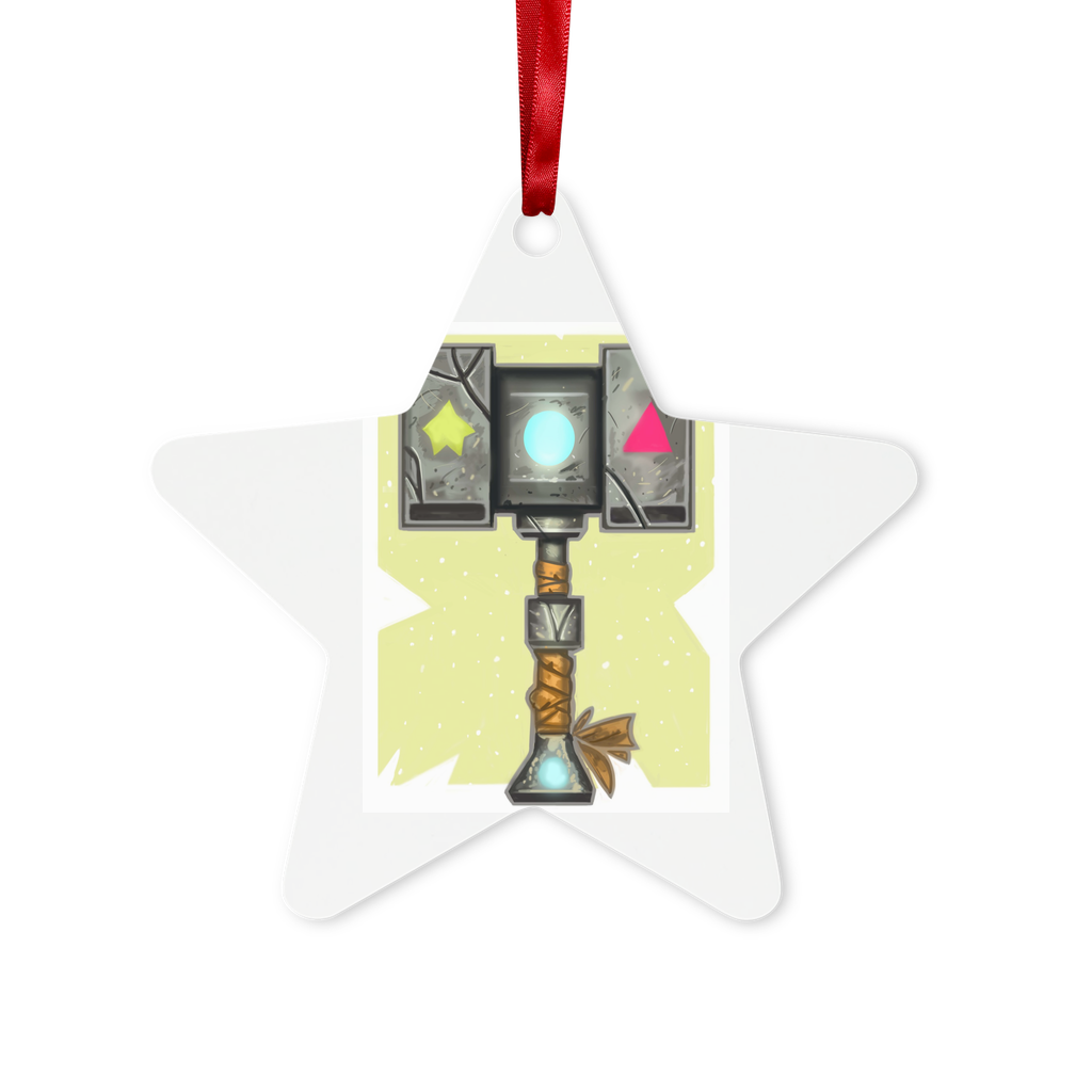 Hammer Metal Hanging Ornament in hexagon and star shapes, glossy white finish, with red ribbon and gold string for hanging.