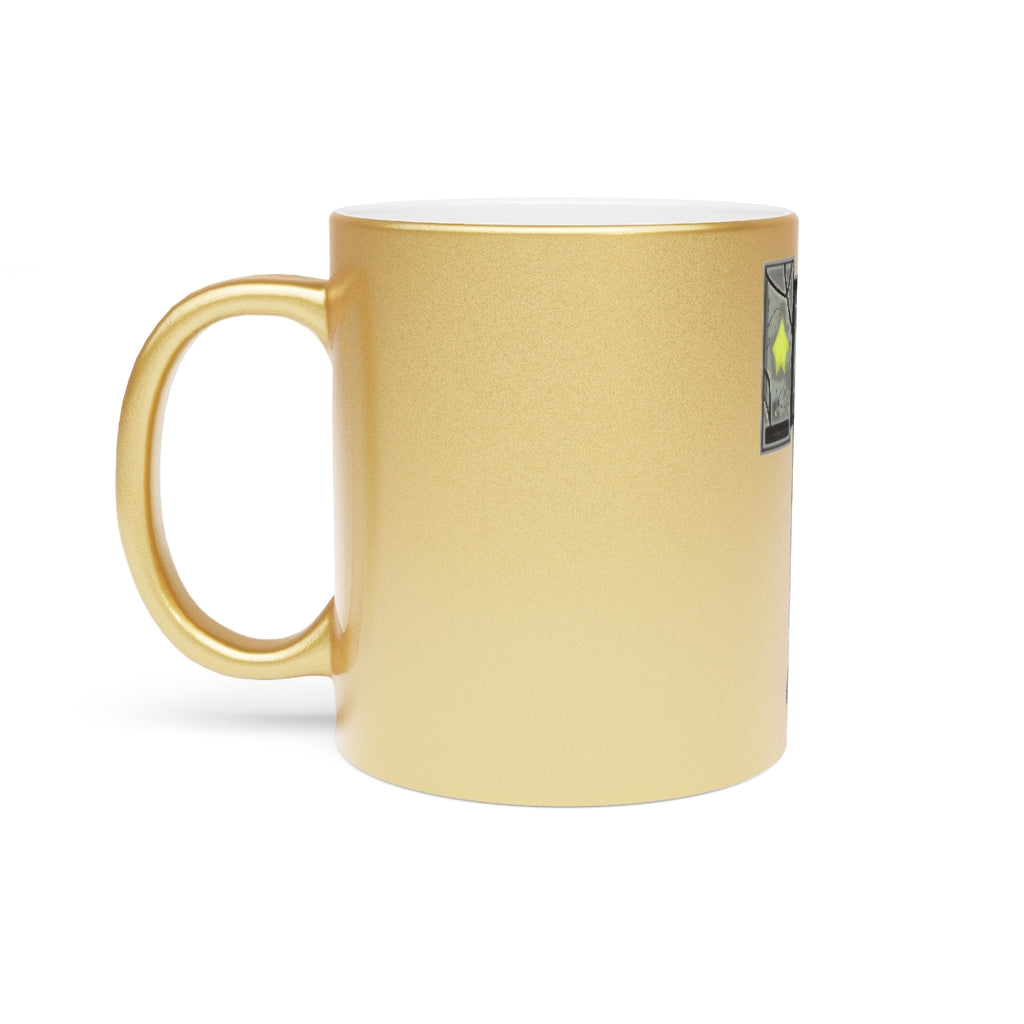 Hammer Metallic Mug in Silver and Gold with customizable design options, showcasing a sleek ceramic finish and comfortable C-handle.