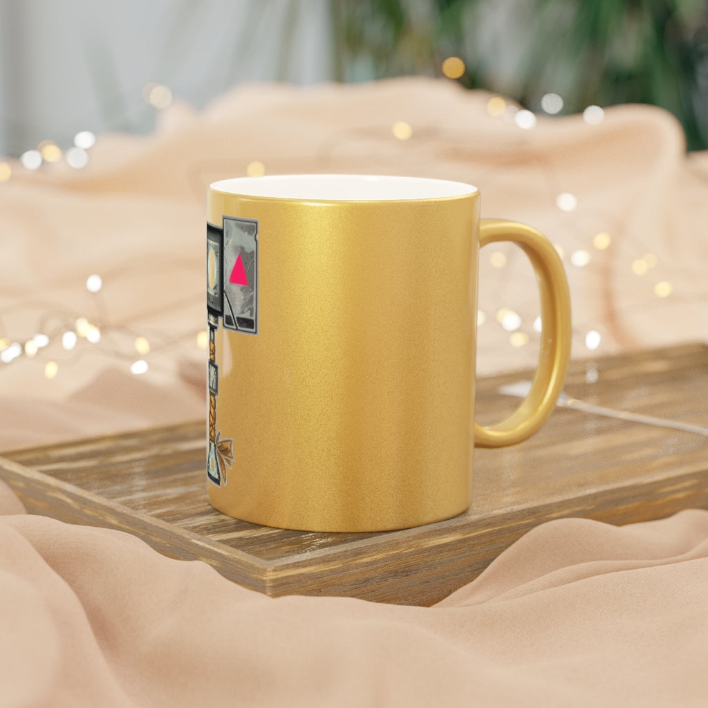 Hammer Metallic Mug in Silver and Gold with customizable design options, showcasing a sleek ceramic finish and comfortable C-handle.