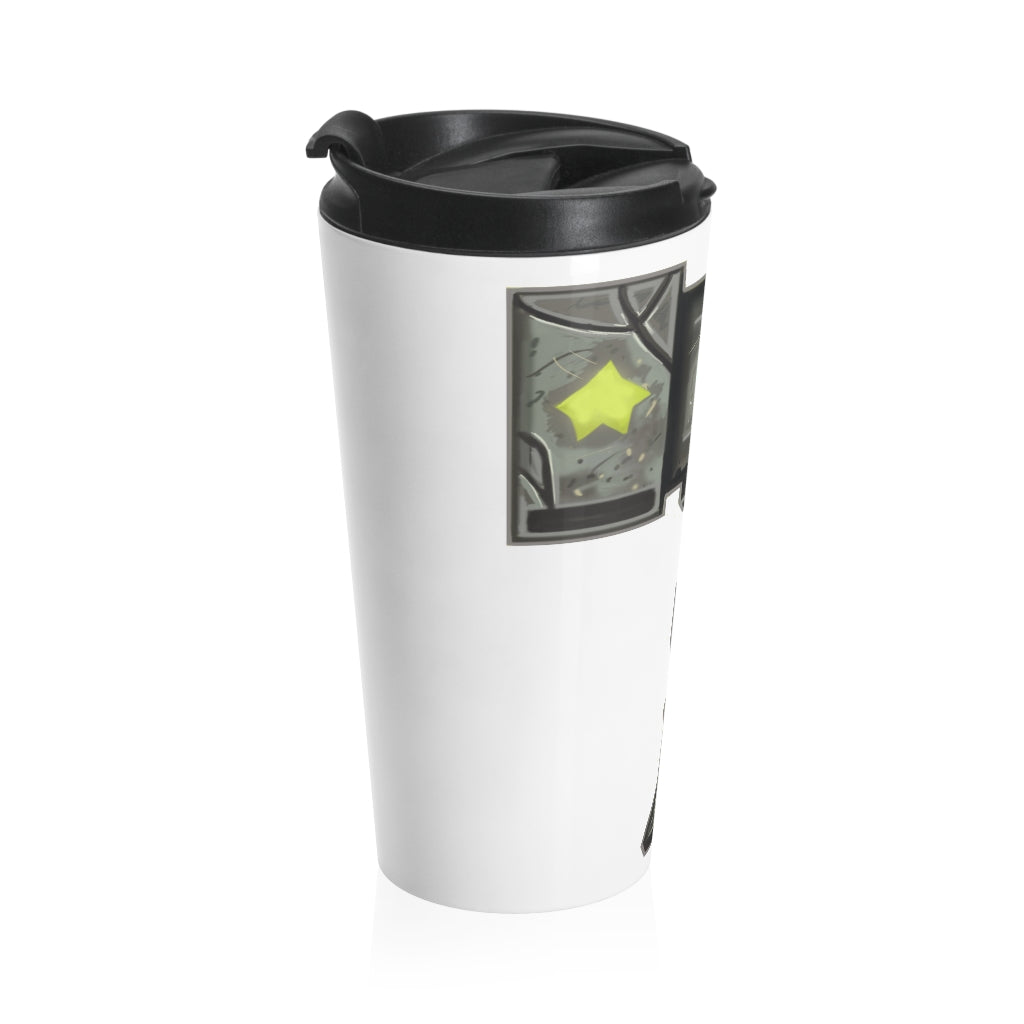 Hammer Stainless Steel Travel Mug with black plastic lid, showcasing a sleek design and vibrant sublimation printing.