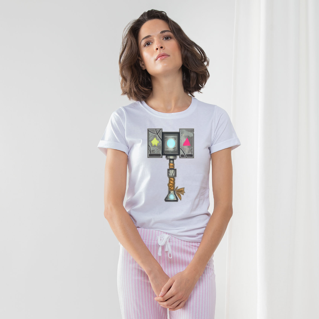 Hammer Women's Long Pant Pyjama Set featuring a white t-shirt with turn-up cuffs, heather grey and light pink striped pants, and a matching drawcord bag.