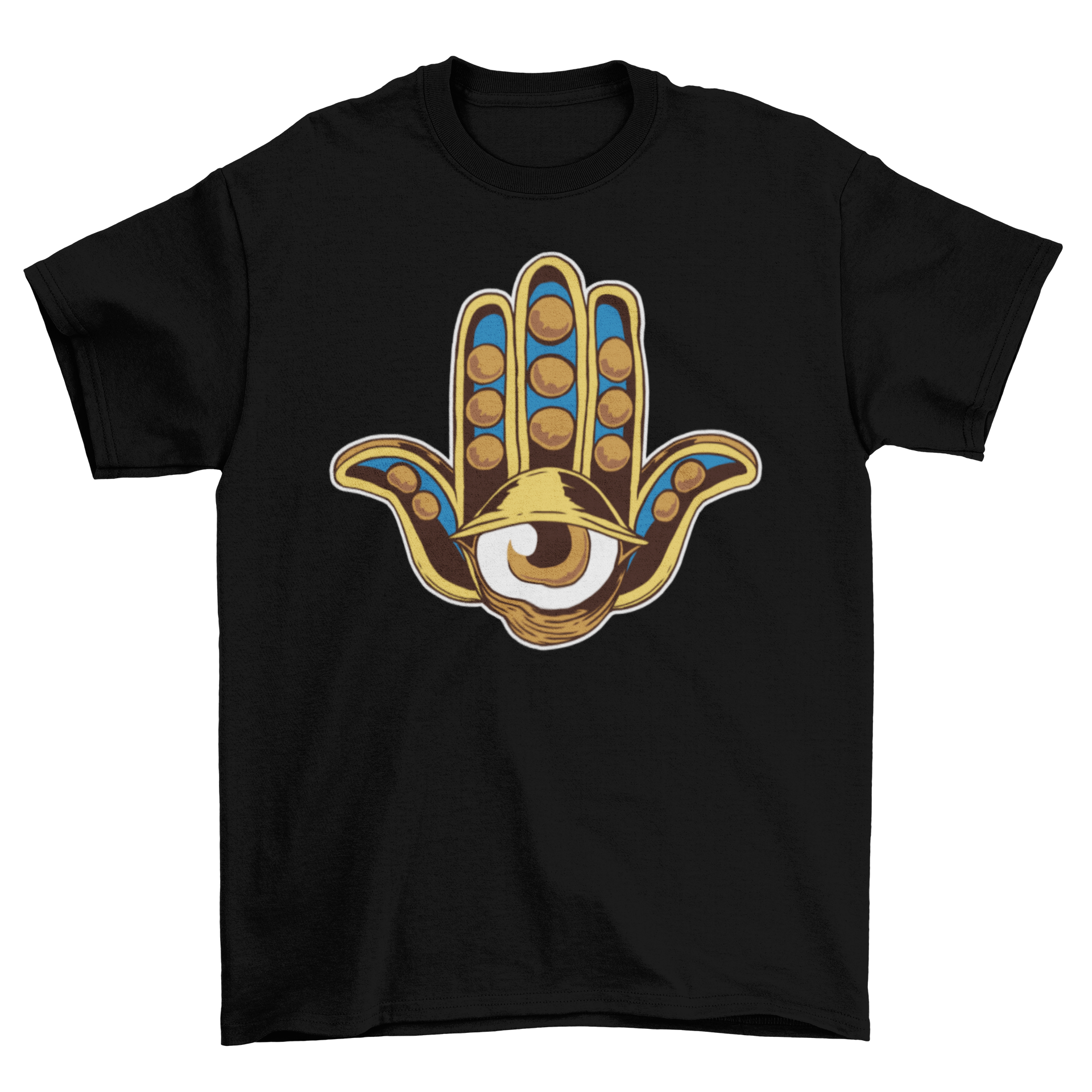 A stylish Hamsa Eye T-shirt featuring a vibrant Hamsa hand design with an eye, symbolizing protection and positivity.