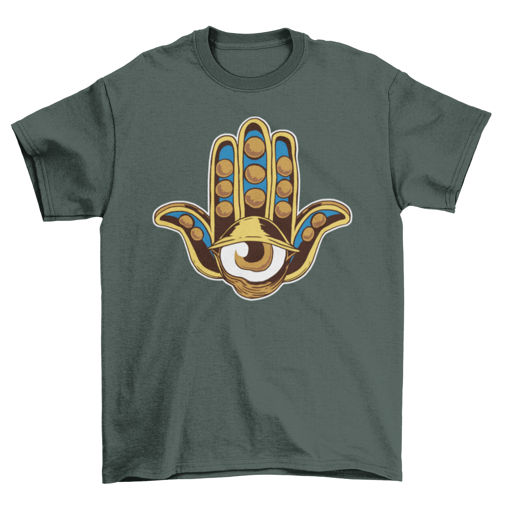 A stylish Hamsa Eye T-shirt featuring a vibrant Hamsa hand design with an eye, symbolizing protection and positivity.