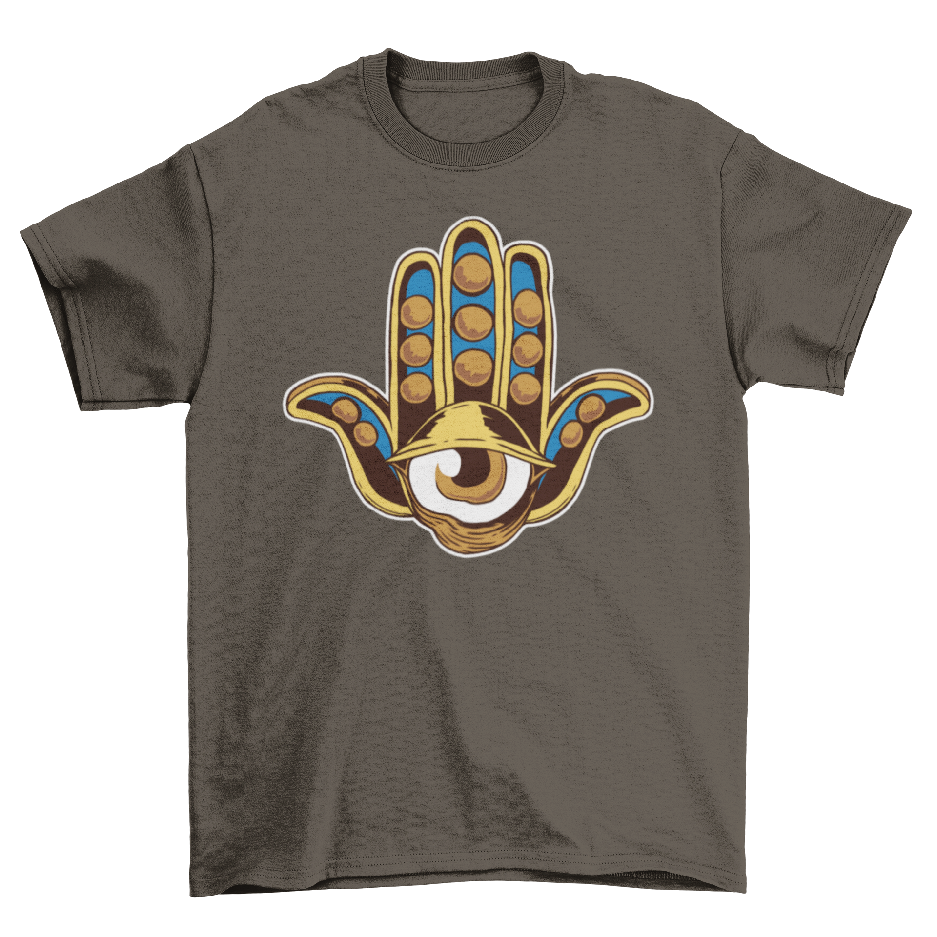 A stylish Hamsa Eye T-shirt featuring a vibrant Hamsa hand design with an eye, symbolizing protection and positivity.