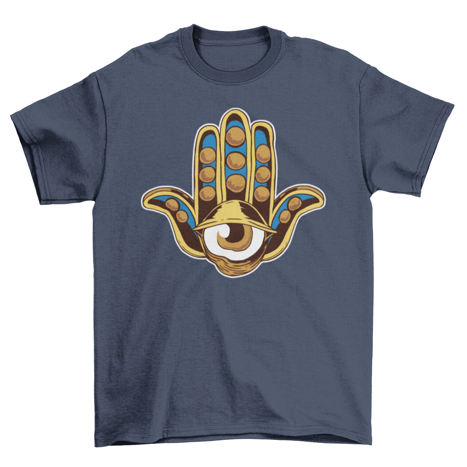 A stylish Hamsa Eye T-shirt featuring a vibrant Hamsa hand design with an eye, symbolizing protection and positivity.