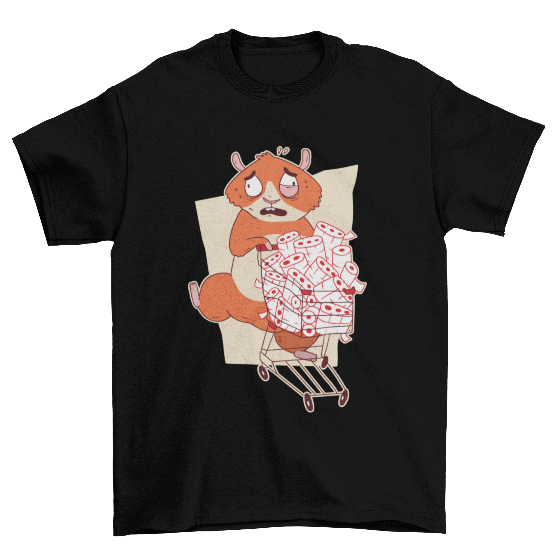 A humorous T-shirt design featuring a panicking hamster buying toilet paper, showcasing a fun and quirky style.