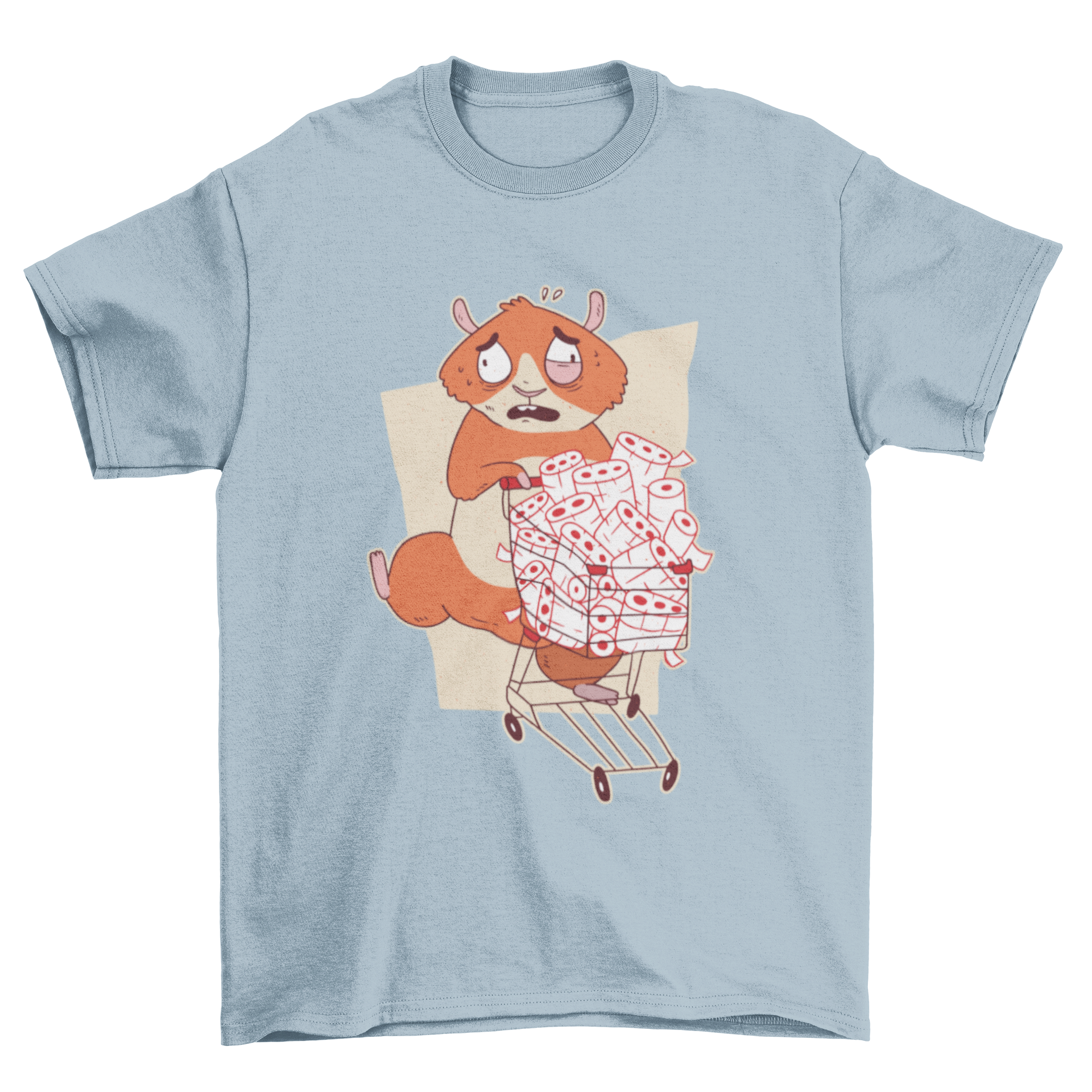 A humorous T-shirt design featuring a panicking hamster buying toilet paper, showcasing a fun and quirky style.