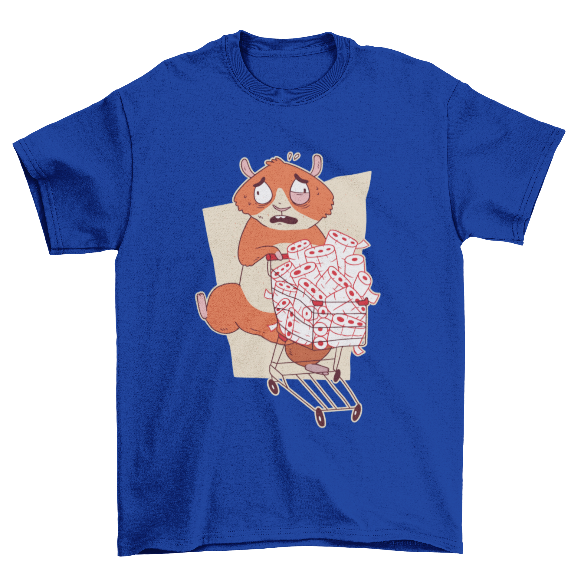 A humorous T-shirt design featuring a panicking hamster buying toilet paper, showcasing a fun and quirky style.