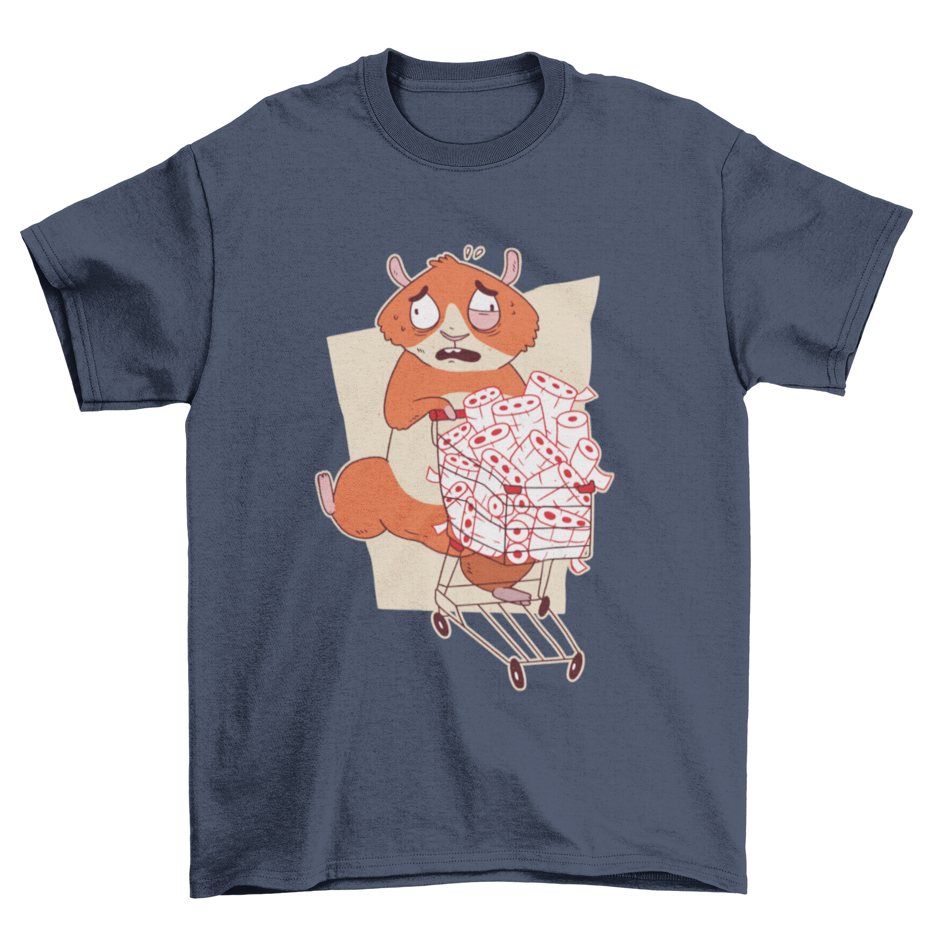 A humorous T-shirt design featuring a panicking hamster buying toilet paper, showcasing a fun and quirky style.