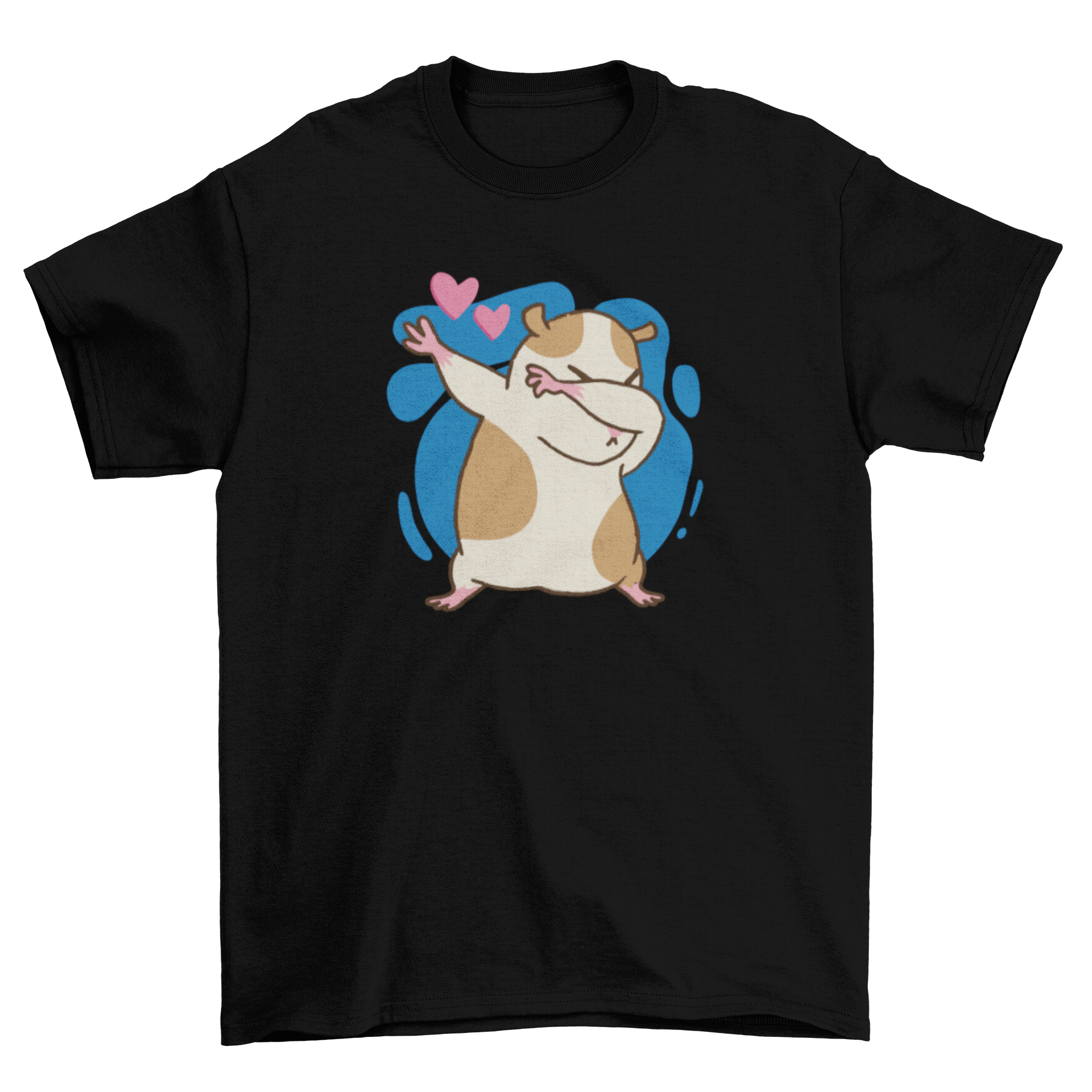 A cute cartoon t-shirt design featuring a dabbing hamster surrounded by hearts.