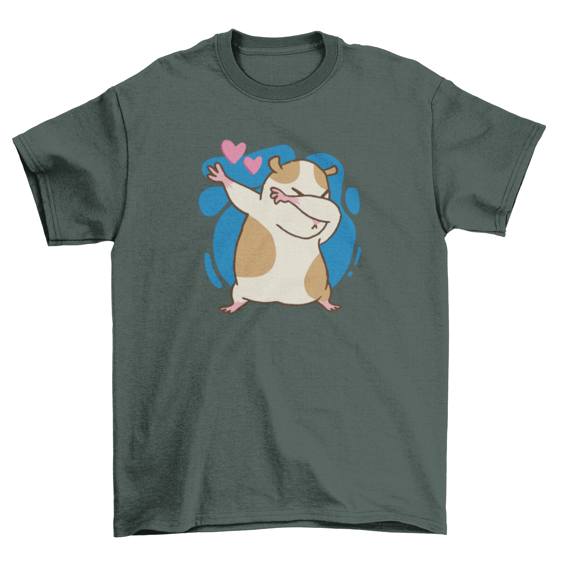 A cute cartoon t-shirt design featuring a dabbing hamster surrounded by hearts.