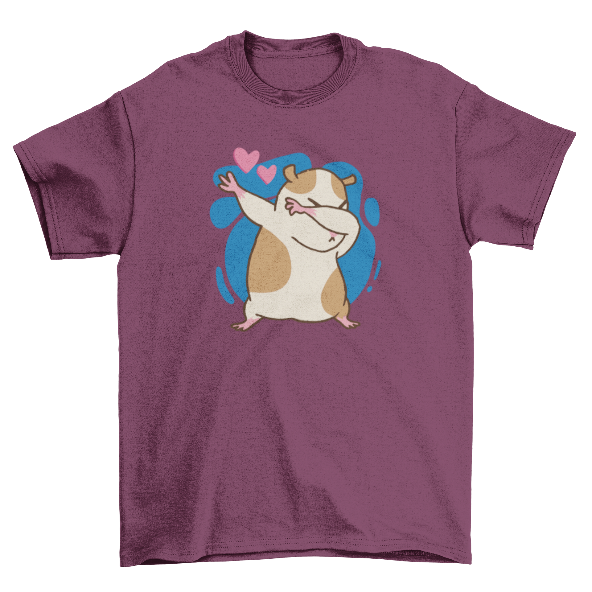 A cute cartoon t-shirt design featuring a dabbing hamster surrounded by hearts.